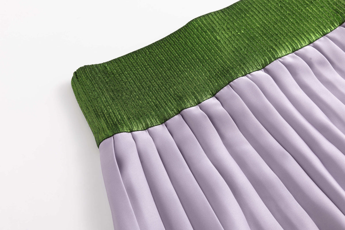 Lizard Lavender Satin Rib-Waistband Pleated Skirt