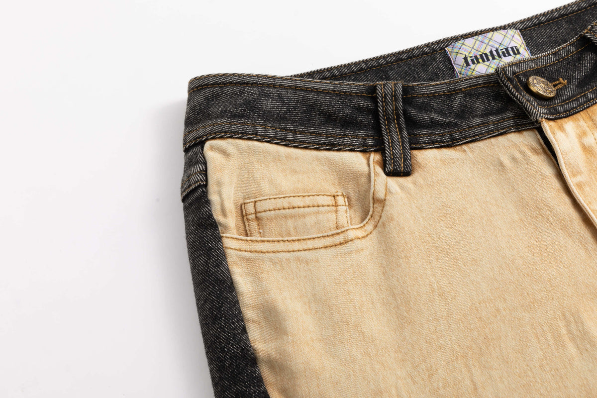 Black Yellow Washout Stretch Denim Flared Jeans
