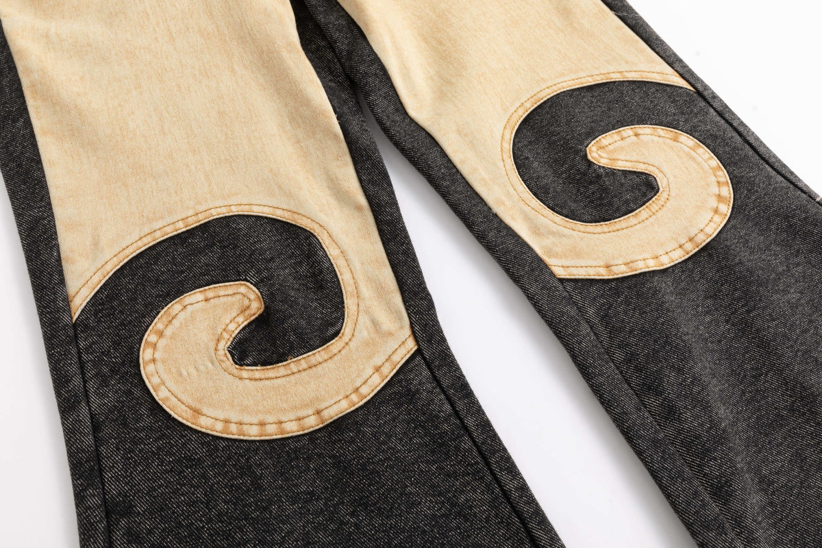 Black Yellow Washout Stretch Denim Flared Jeans