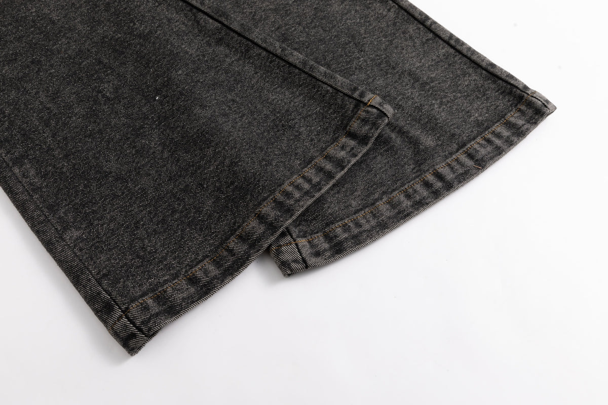 Black Yellow Washout Stretch Denim Flared Jeans