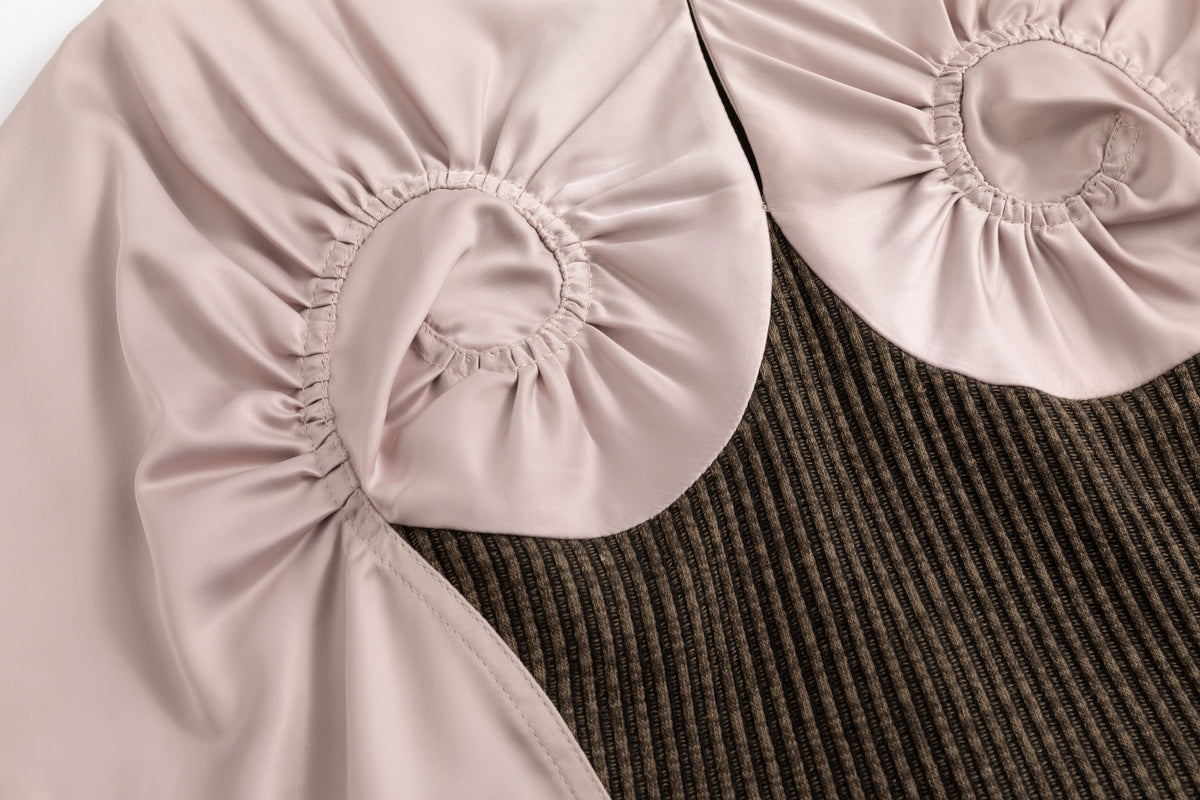 Pastel Pink Satin Swirl Rib-Knit Maxi Dress