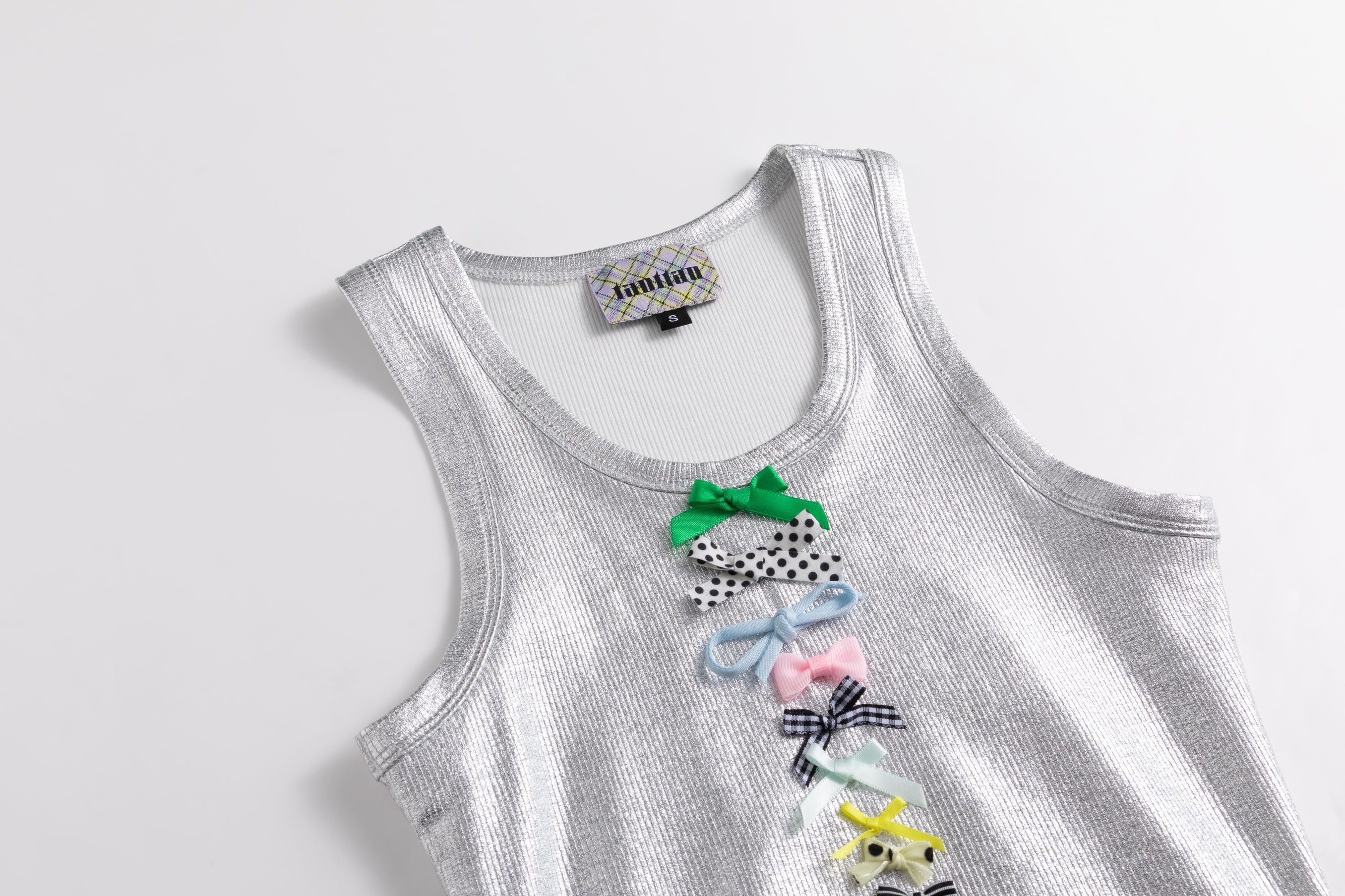 Glossy Silver Coated Rib Vest Mini Bows Dress