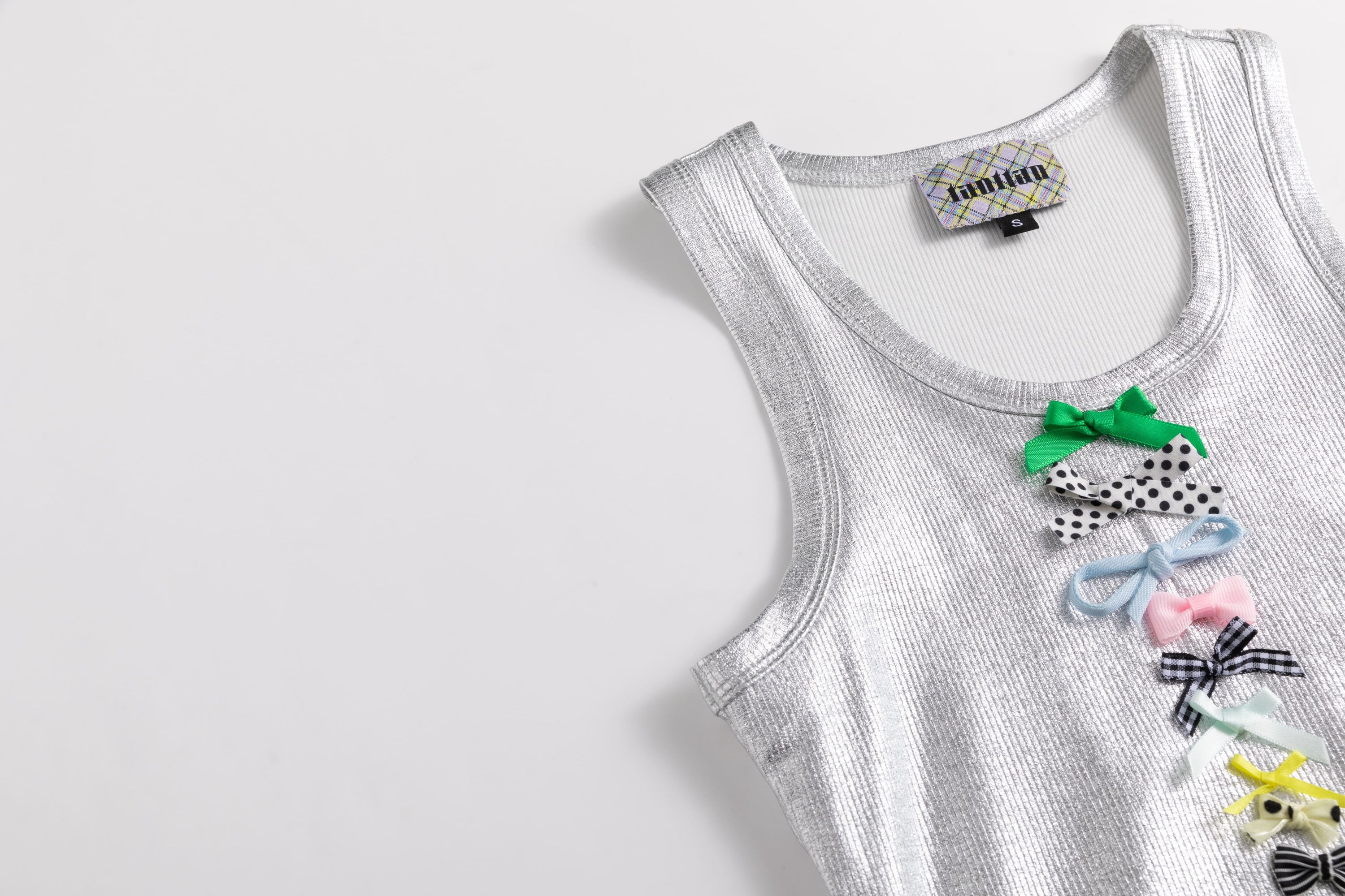 Glossy Silver Coated Rib Vest Mini Bows Dress