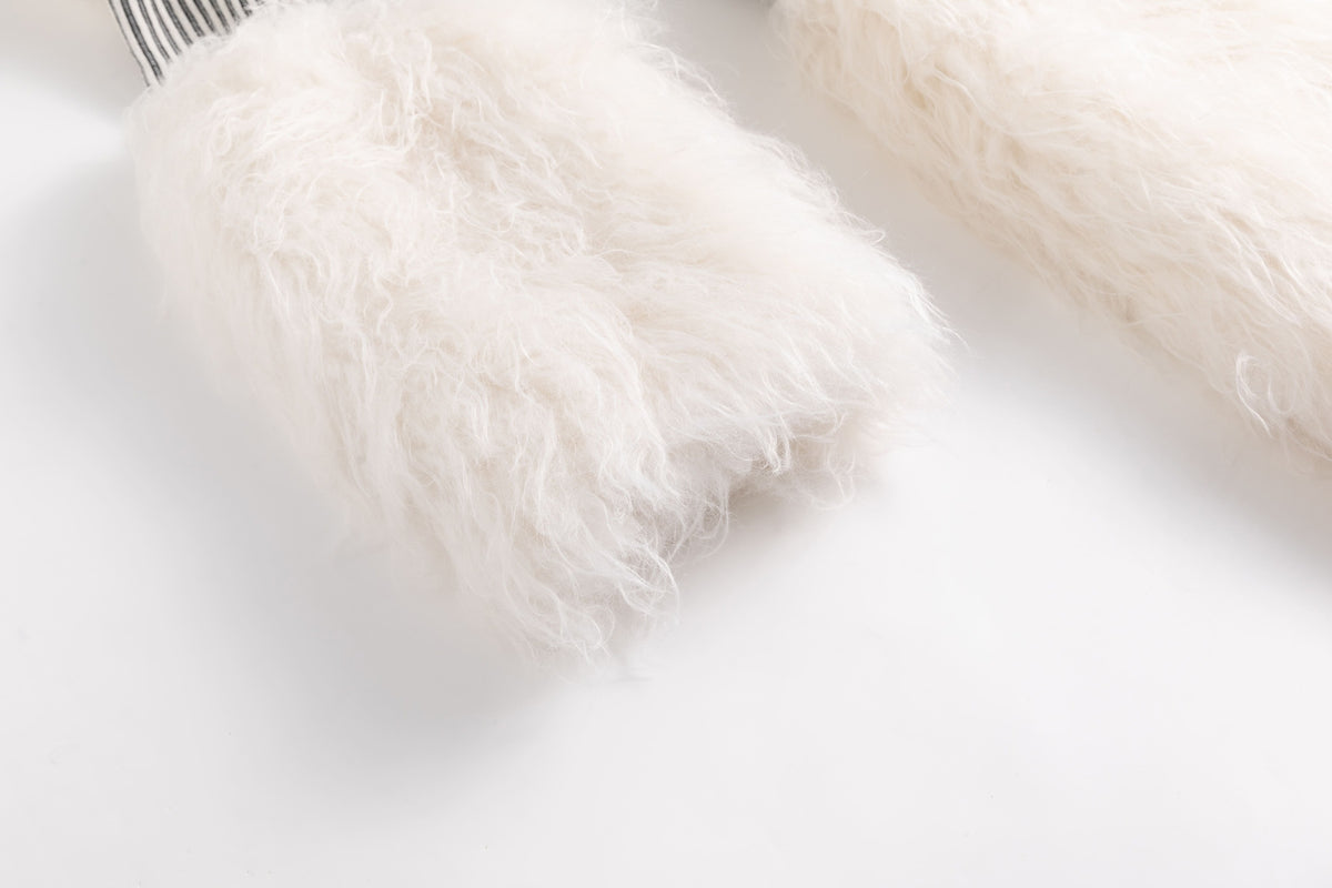 Ivory Rib Trim Faux Fur Coat