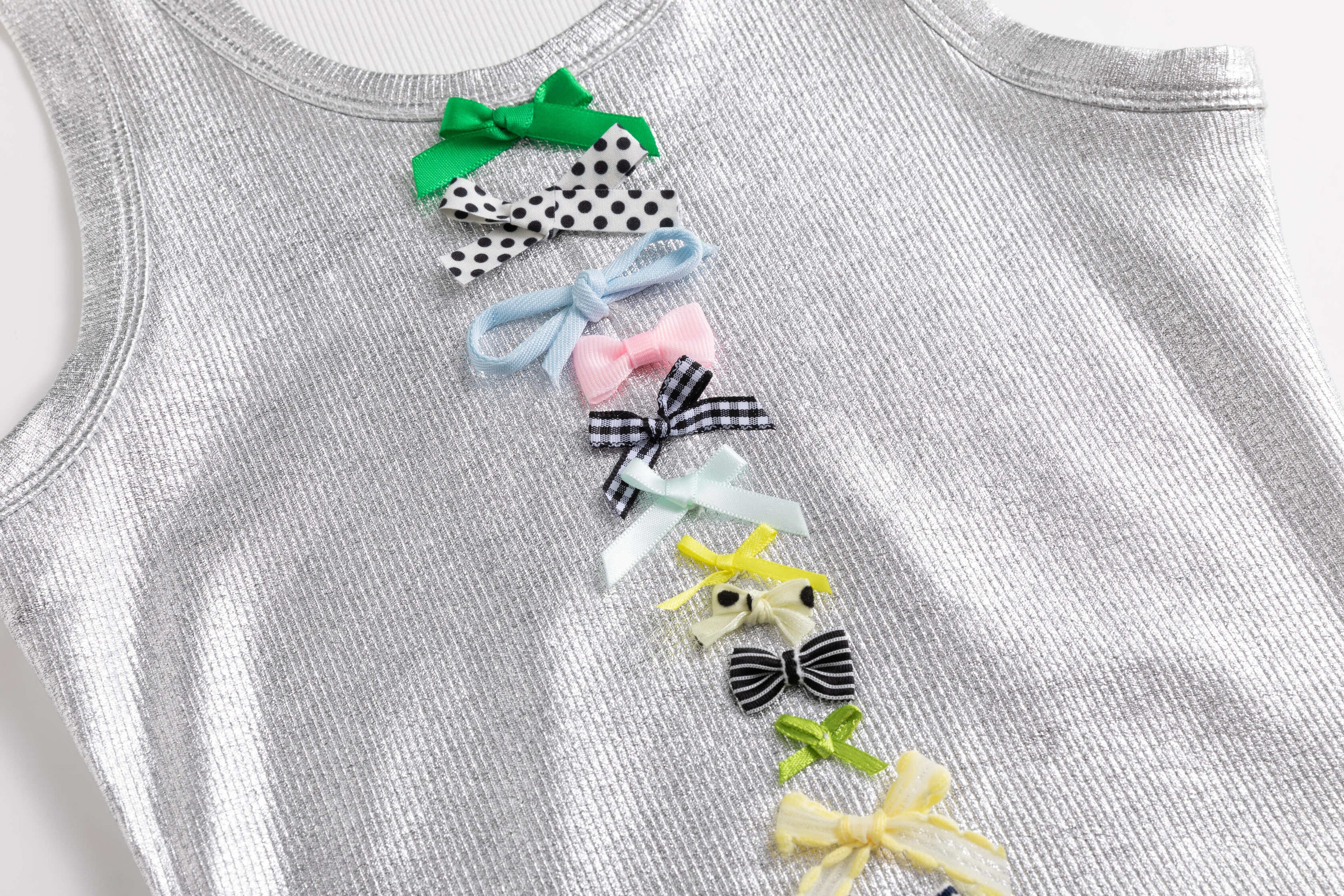 Glossy Silver Coated Rib Vest Mini Bows Dress