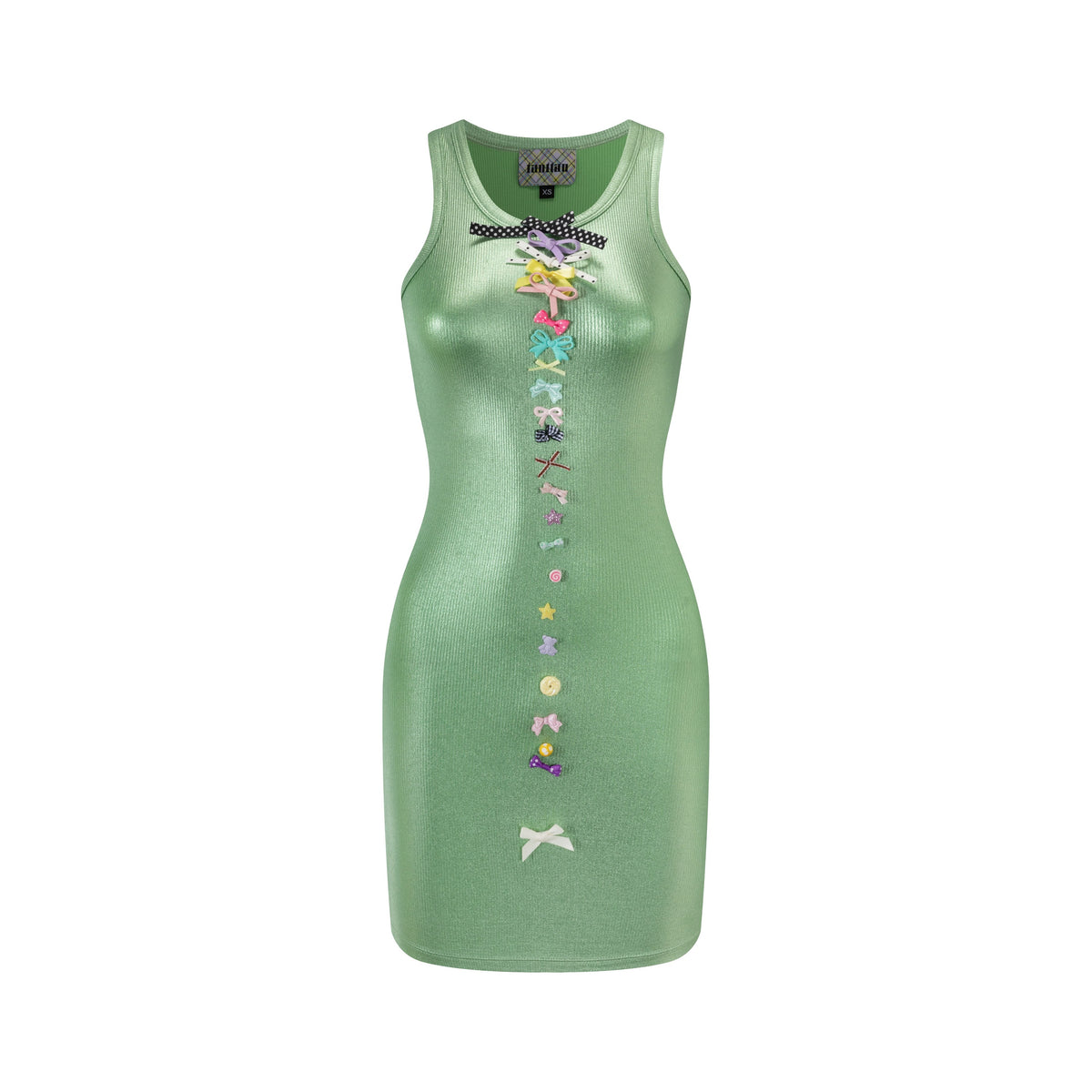 Glossy Grass Coated Rib Vest Mini Bows Dress