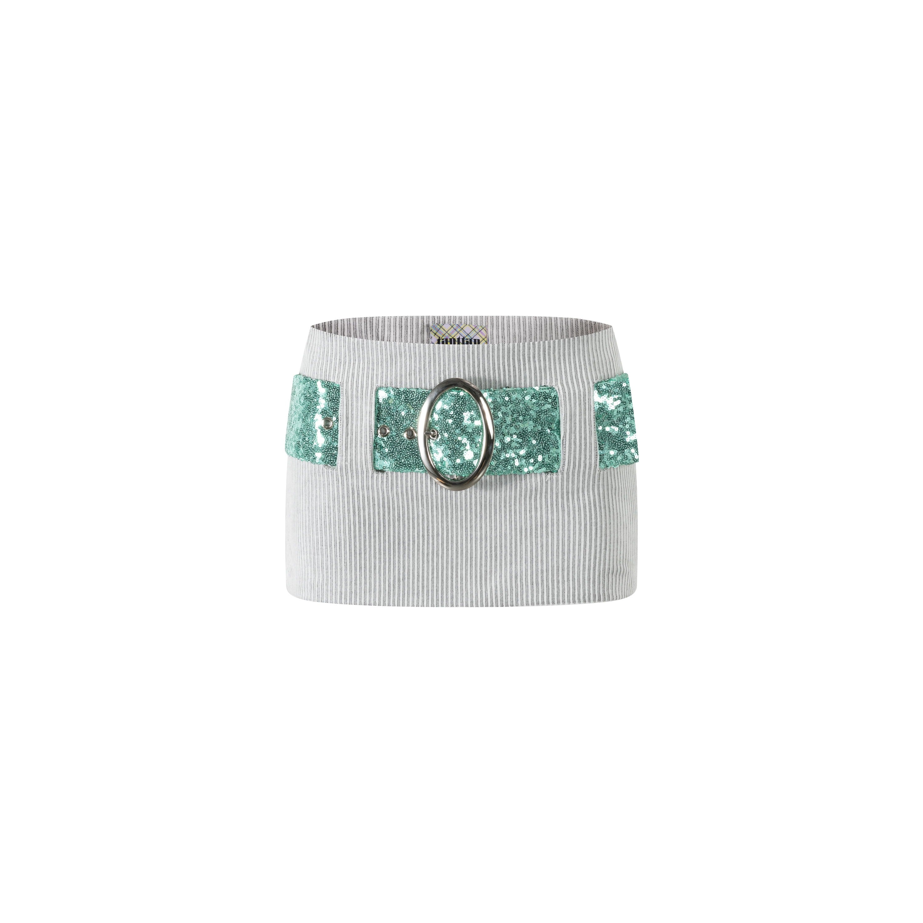 White Corduroy Sequins Belted Mini Skirt