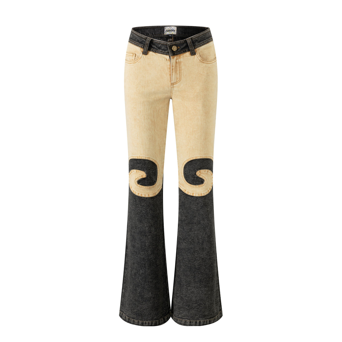 Black Yellow Washout Stretch Denim Flared Jeans
