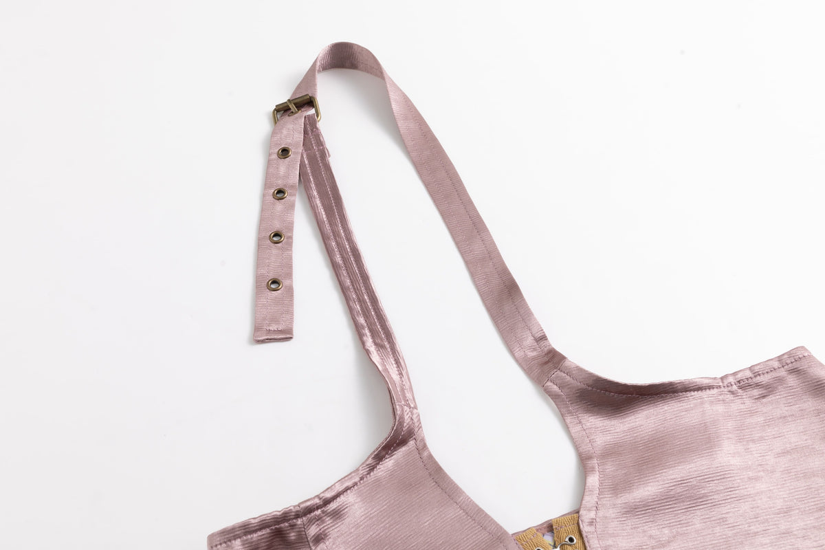 Pastel Pink Wavy Satin Skirt Halter Top