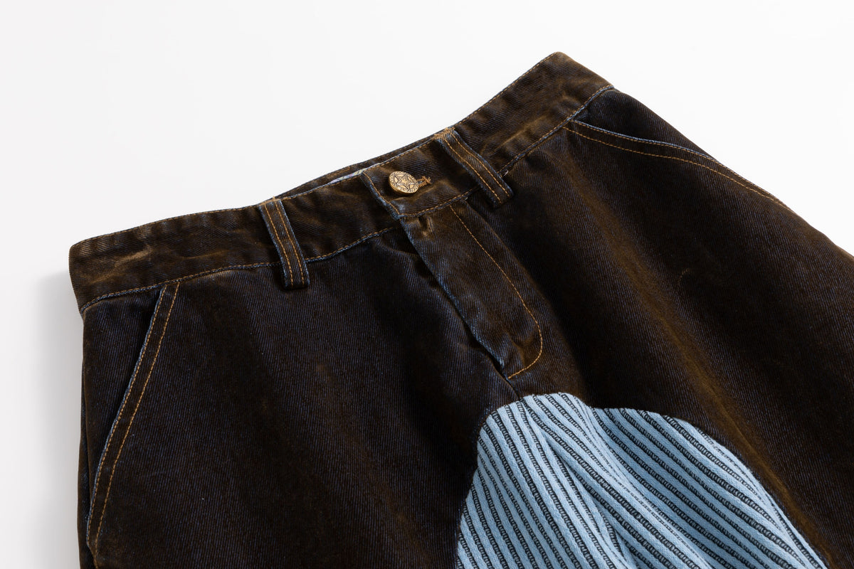Blue Rib Patchwork Velvet Denim Curved Jeans