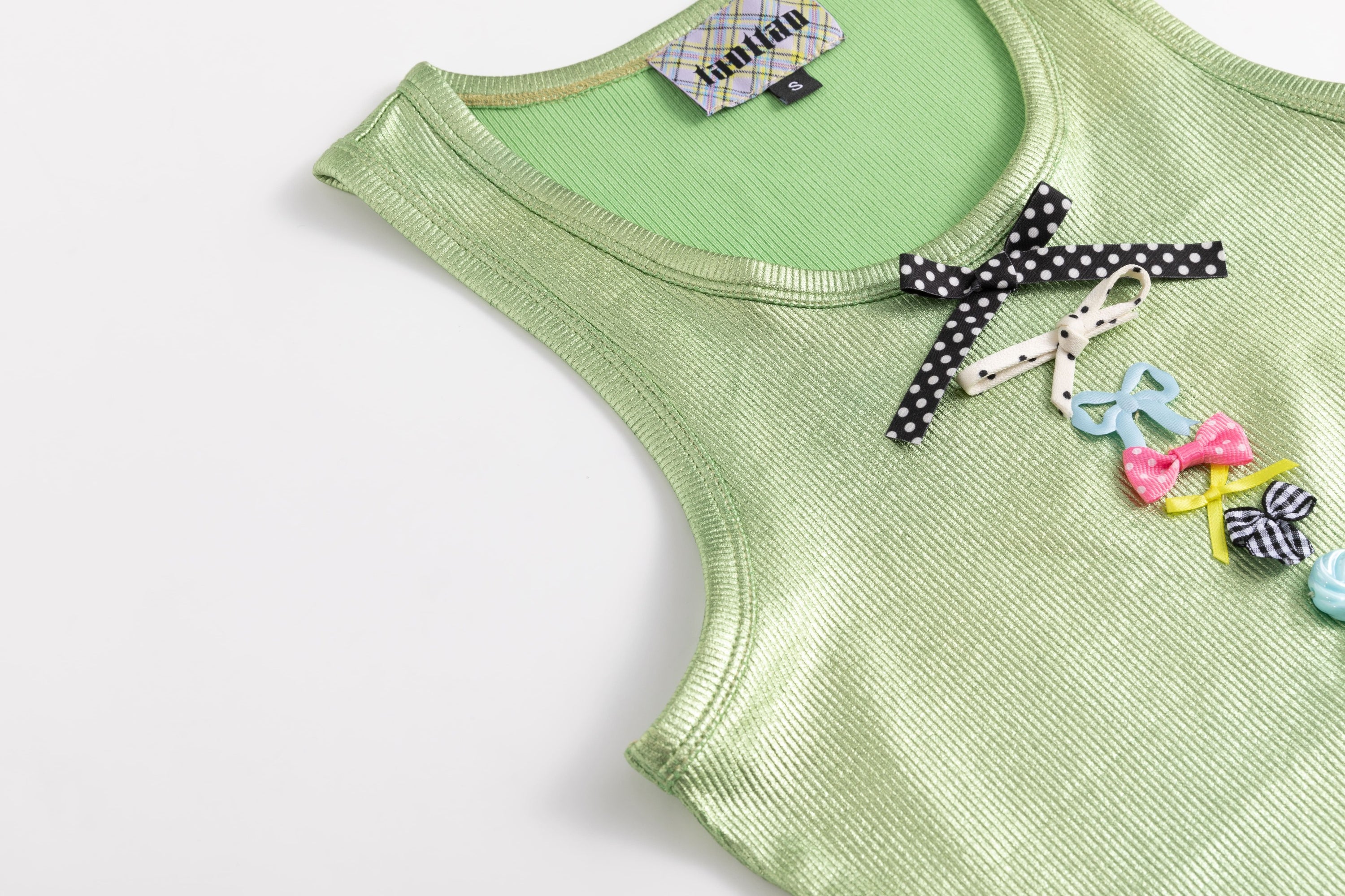 Ribbed Knit Tank Top with Bows Green