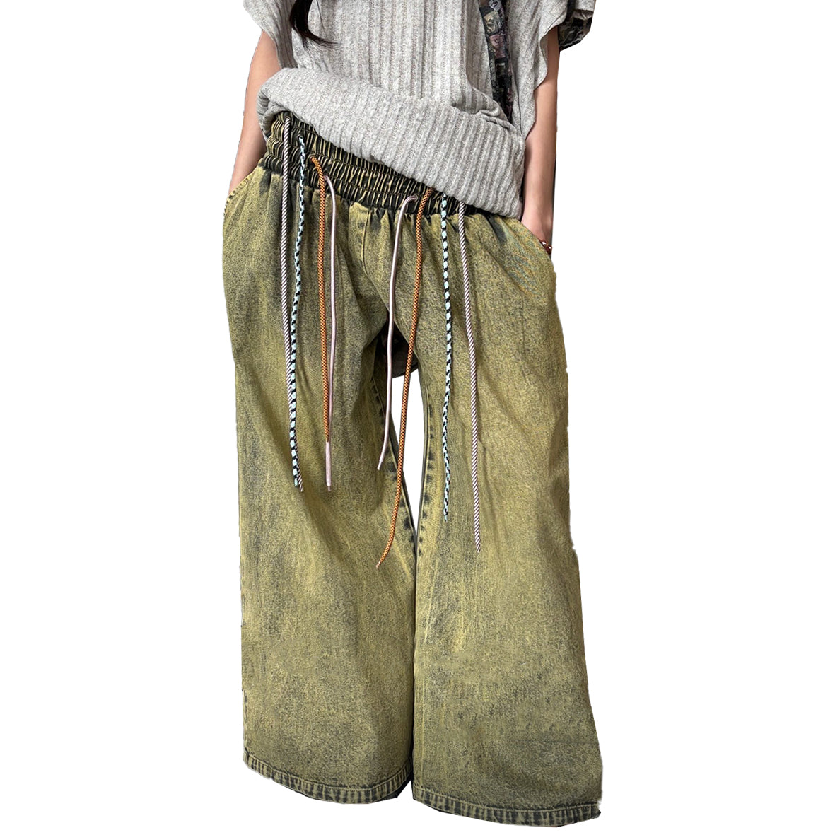 Green Jd Drawstring 4-Drawstring Elastic Waist Band Oversized Jeans Washout Green – taottao