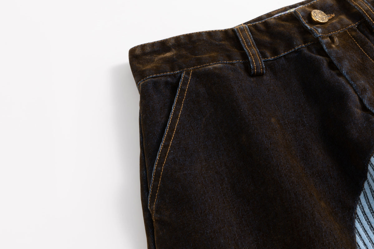 Blue Rib Patchwork Velvet Denim Curved Jeans