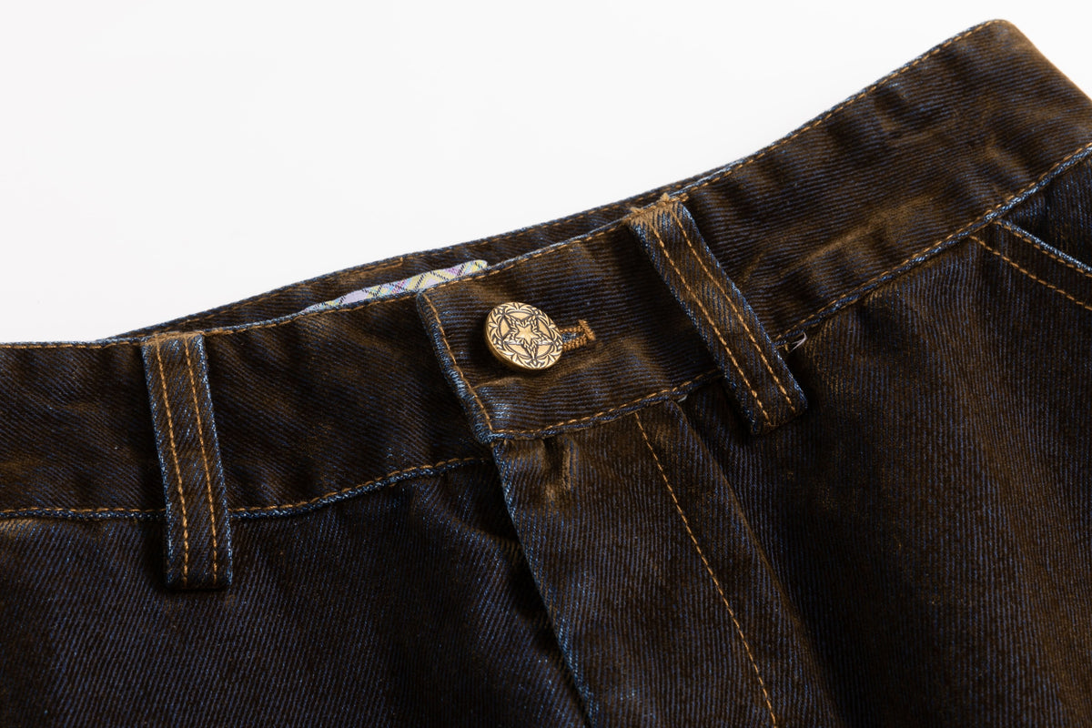 Blue Rib Patchwork Velvet Denim Curved Jeans