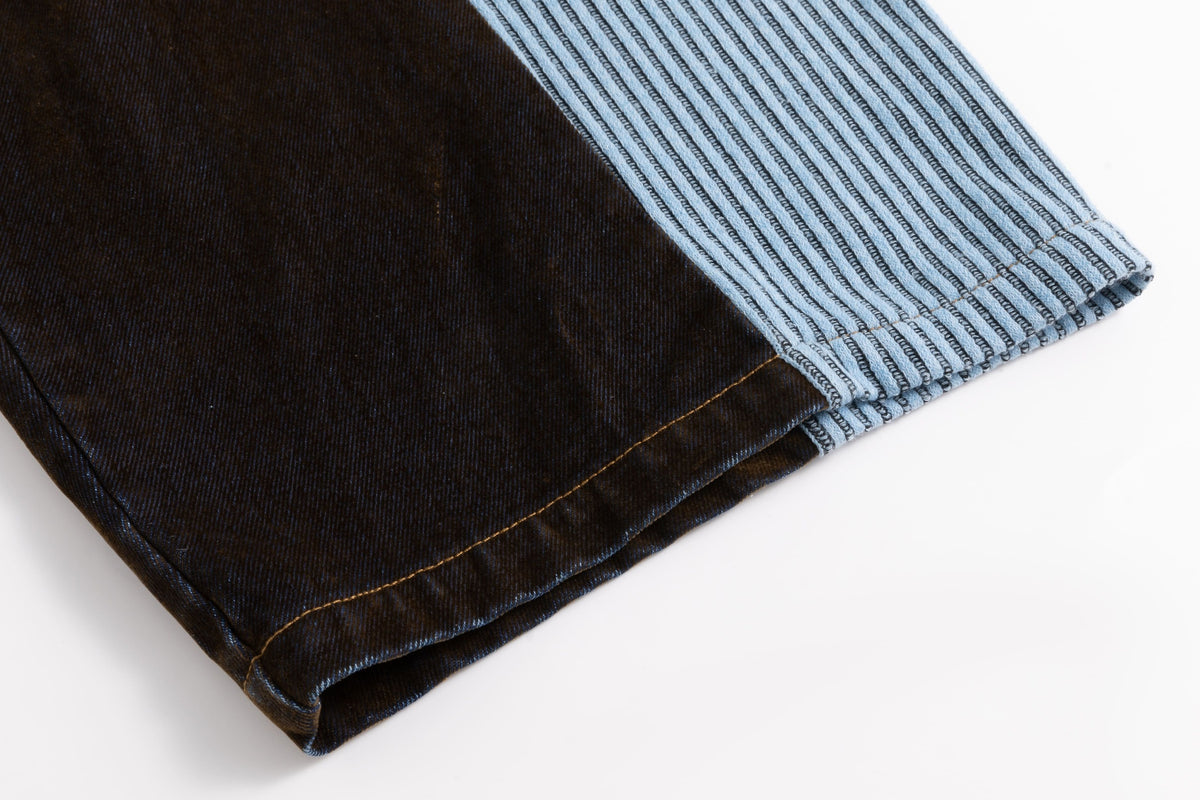 Blue Rib Patchwork Velvet Denim Curved Jeans
