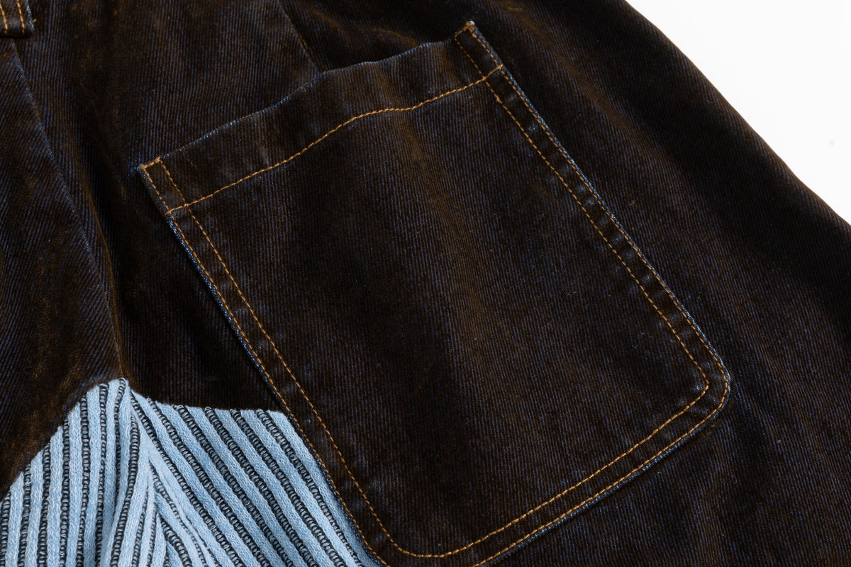 Blue Rib Patchwork Velvet Denim Curved Jeans
