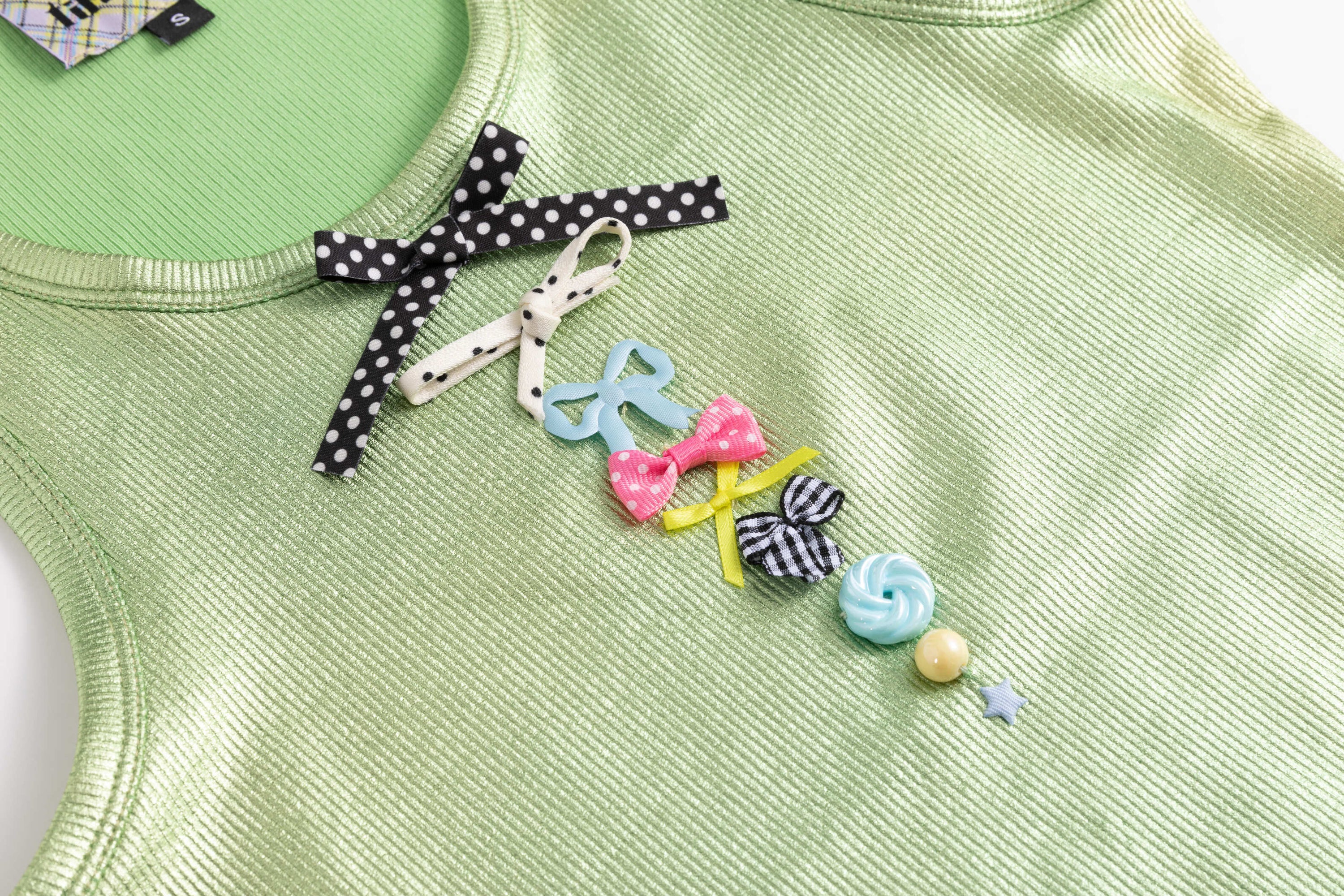 Ribbed Knit Tank Top with Bows Green