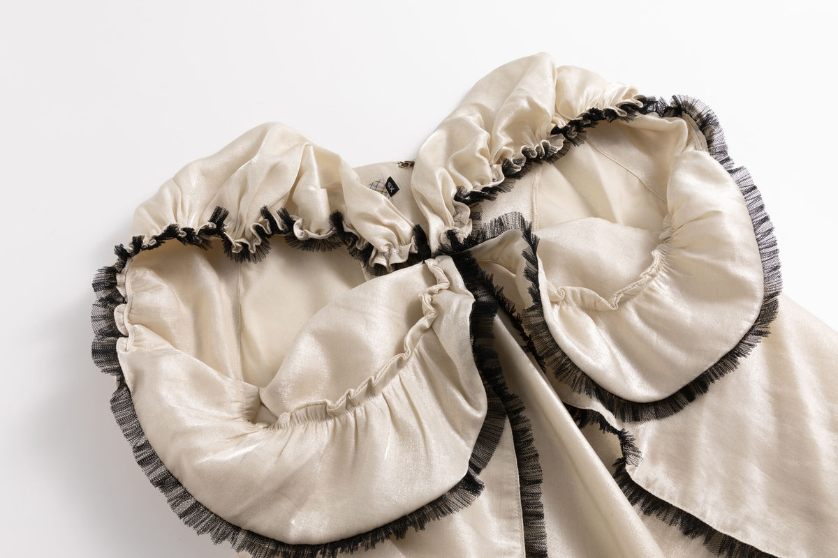 Ivory Satin Taffeta Flared Ruffle Dress
