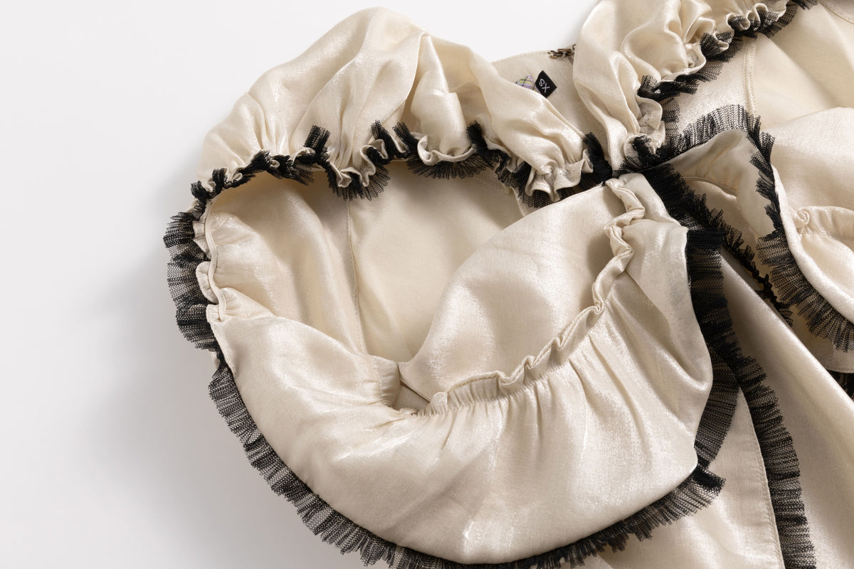 Ivory Satin Taffeta Flared Ruffle Dress