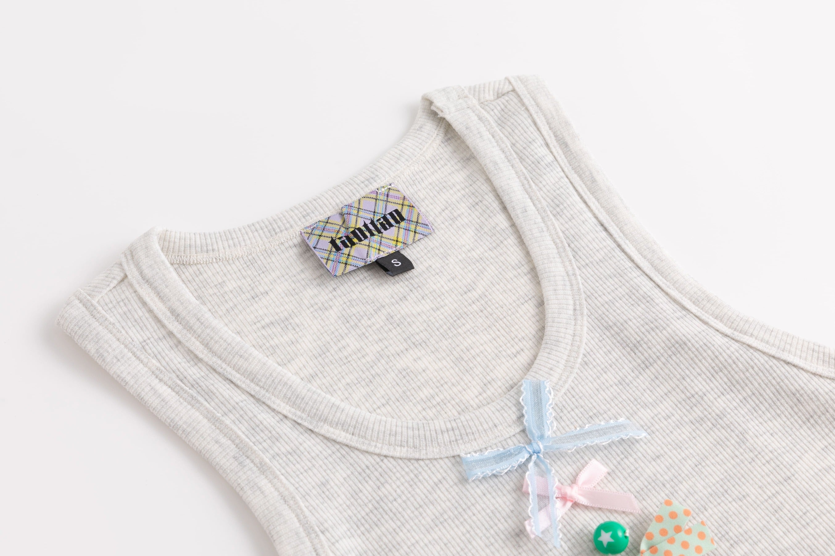Ribbed Knit Tank Top with Bows Two-Tone Gray