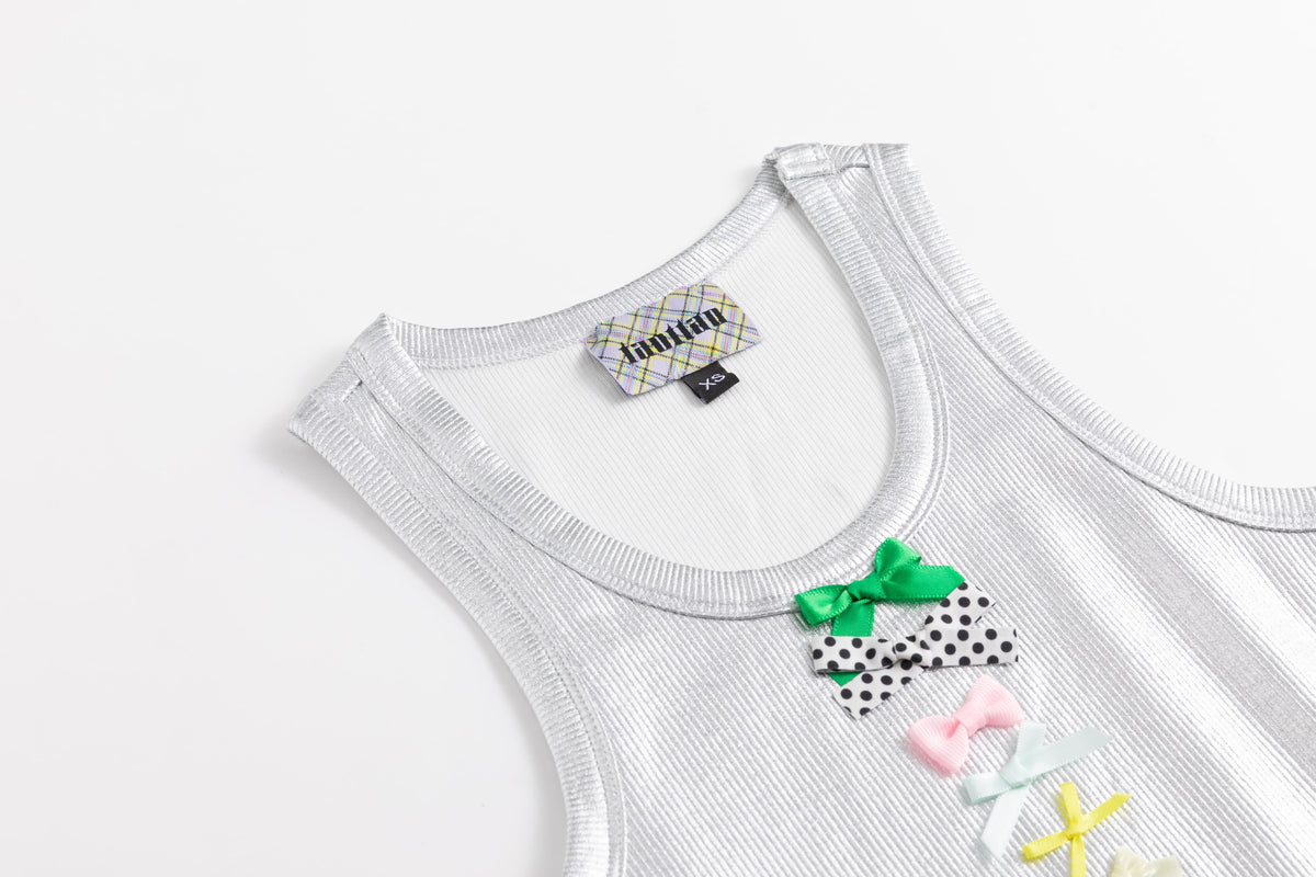 Ribbed Knit Tank Top with Bows Silver