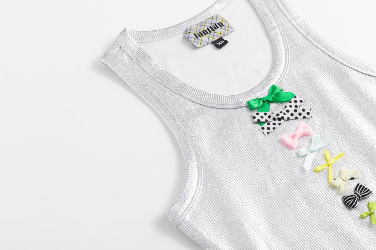 Ribbed Knit Tank Top with Bows Silver