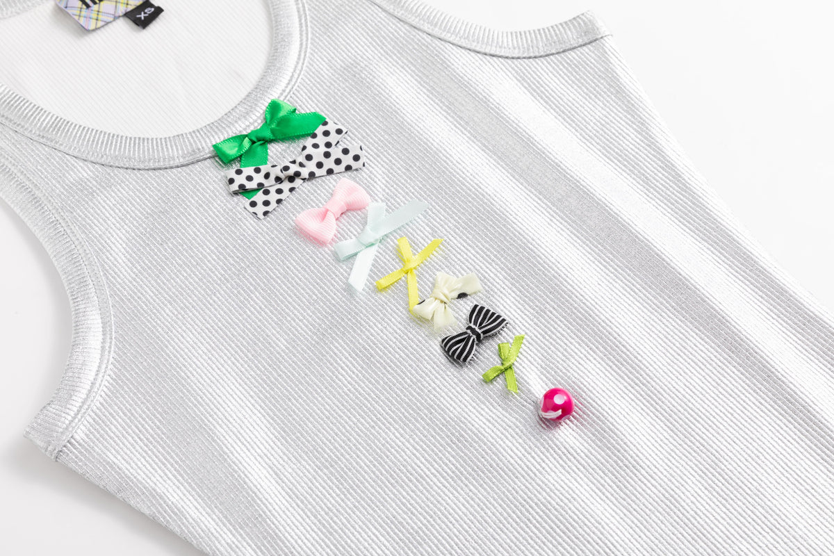 Ribbed Knit Tank Top with Bows Silver