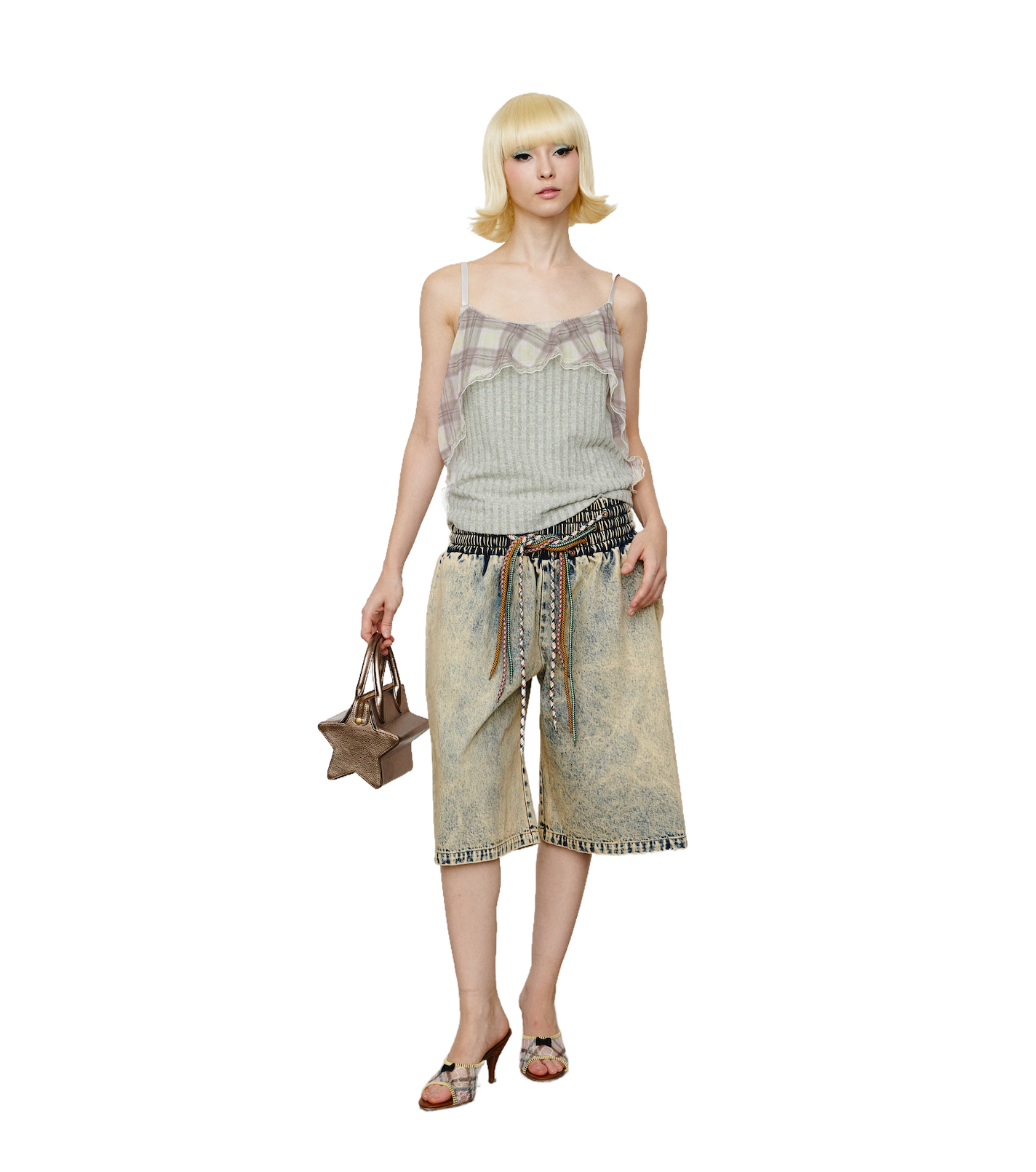 Flared Plaid Knit Cami Porcelain