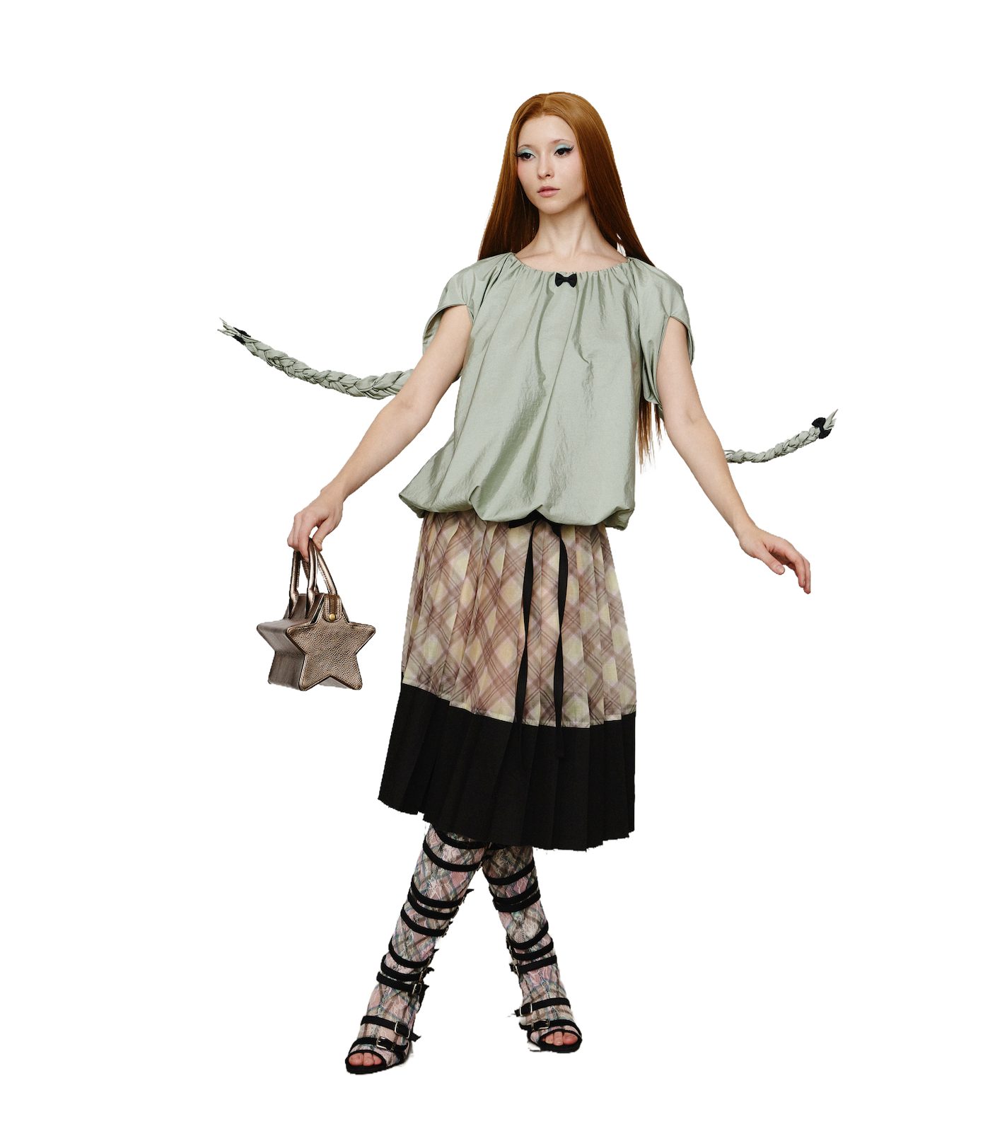 Patchwork Organza Pleated Midi Skirt Black Porcelain