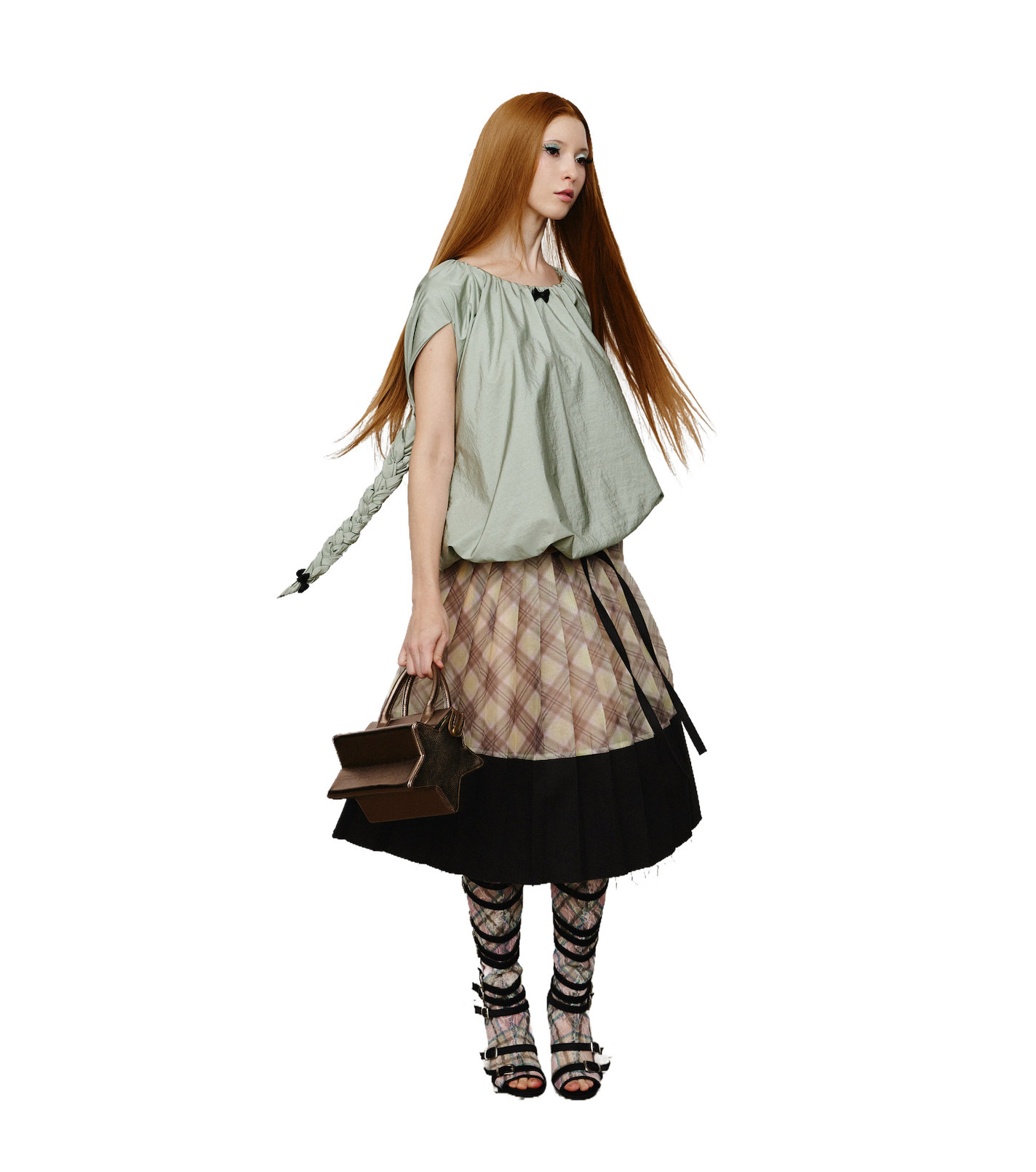 Patchwork Organza Pleated Midi Skirt Black Porcelain