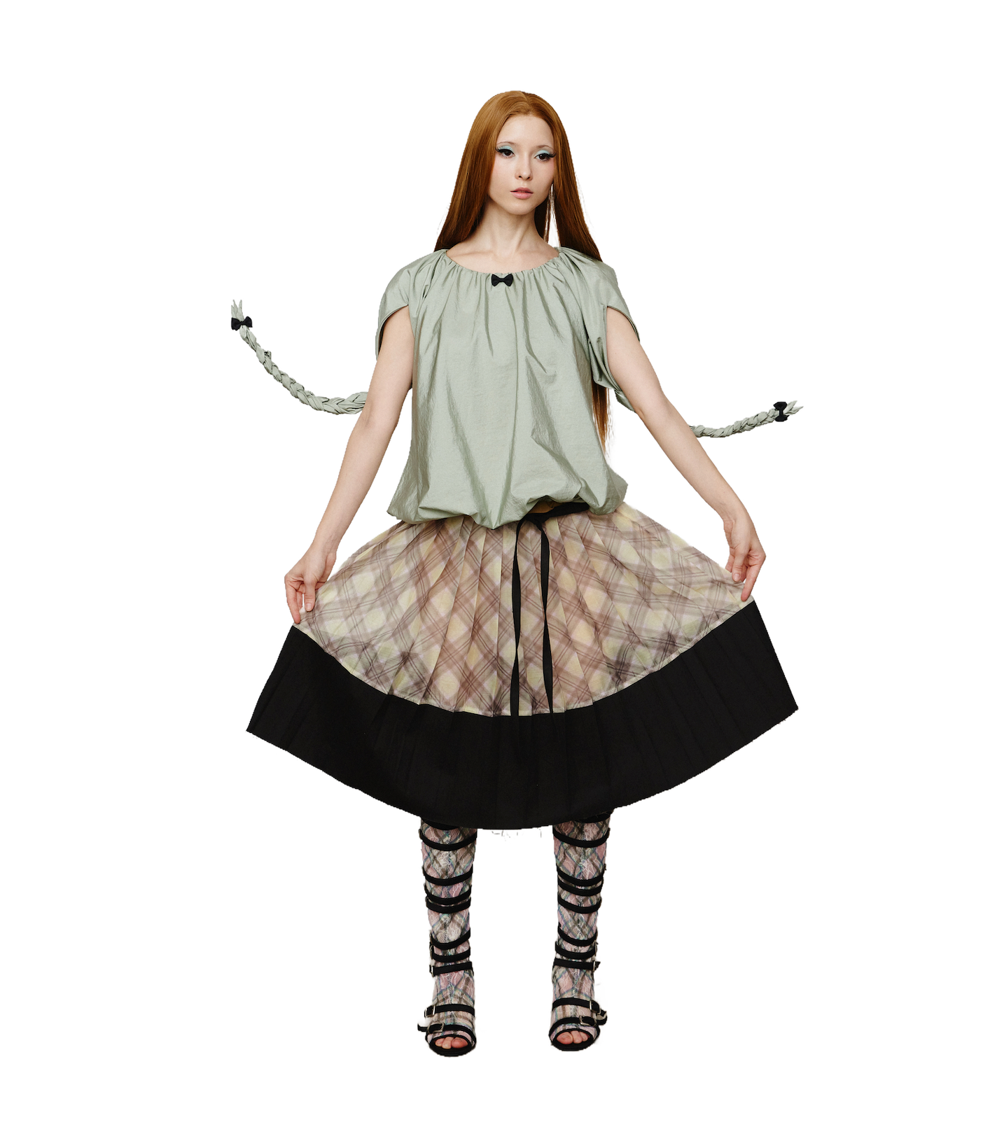Balloon Braided Blouse with Bow Glossy Jade