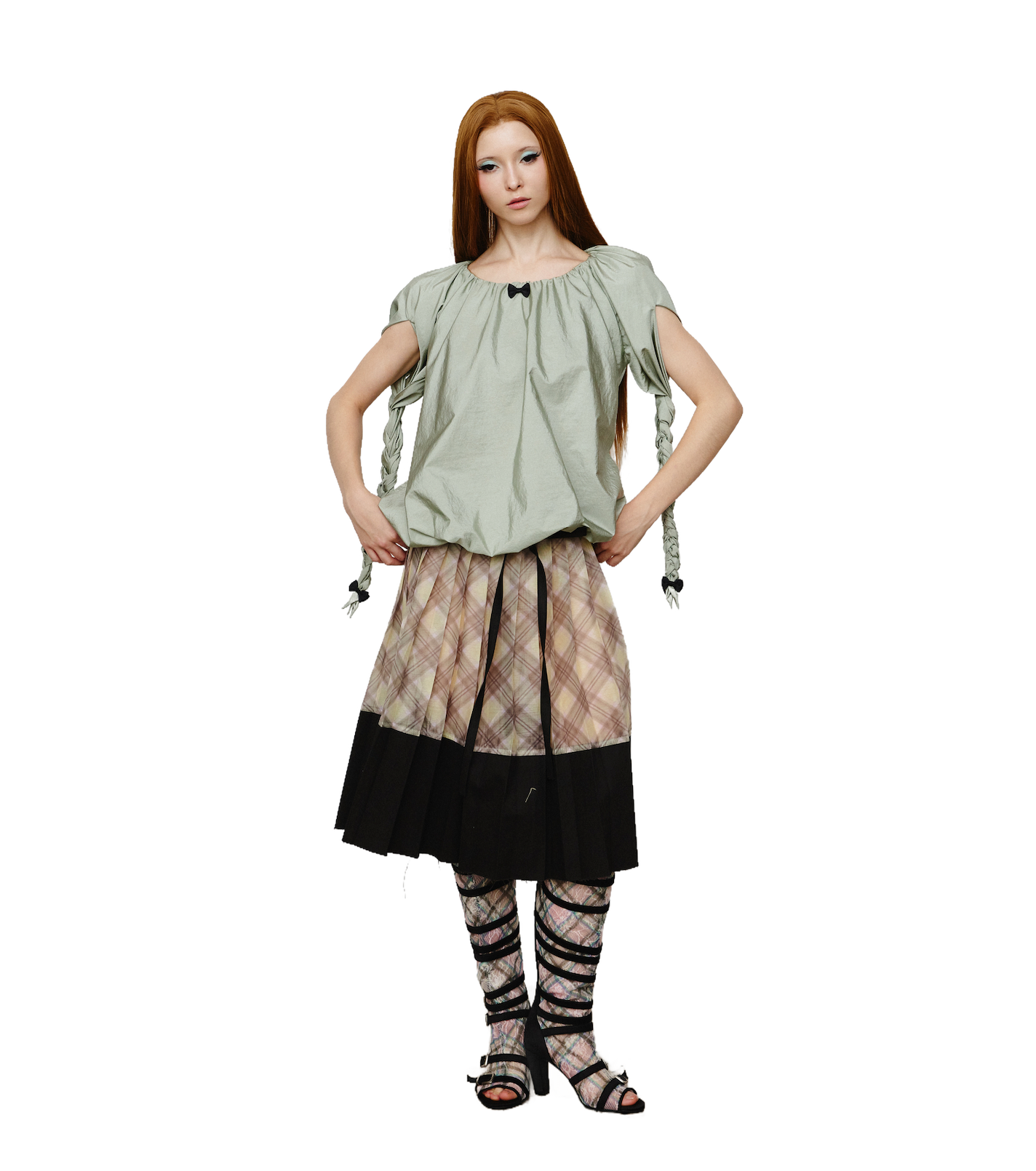 Patchwork Organza Pleated Midi Skirt Black Porcelain