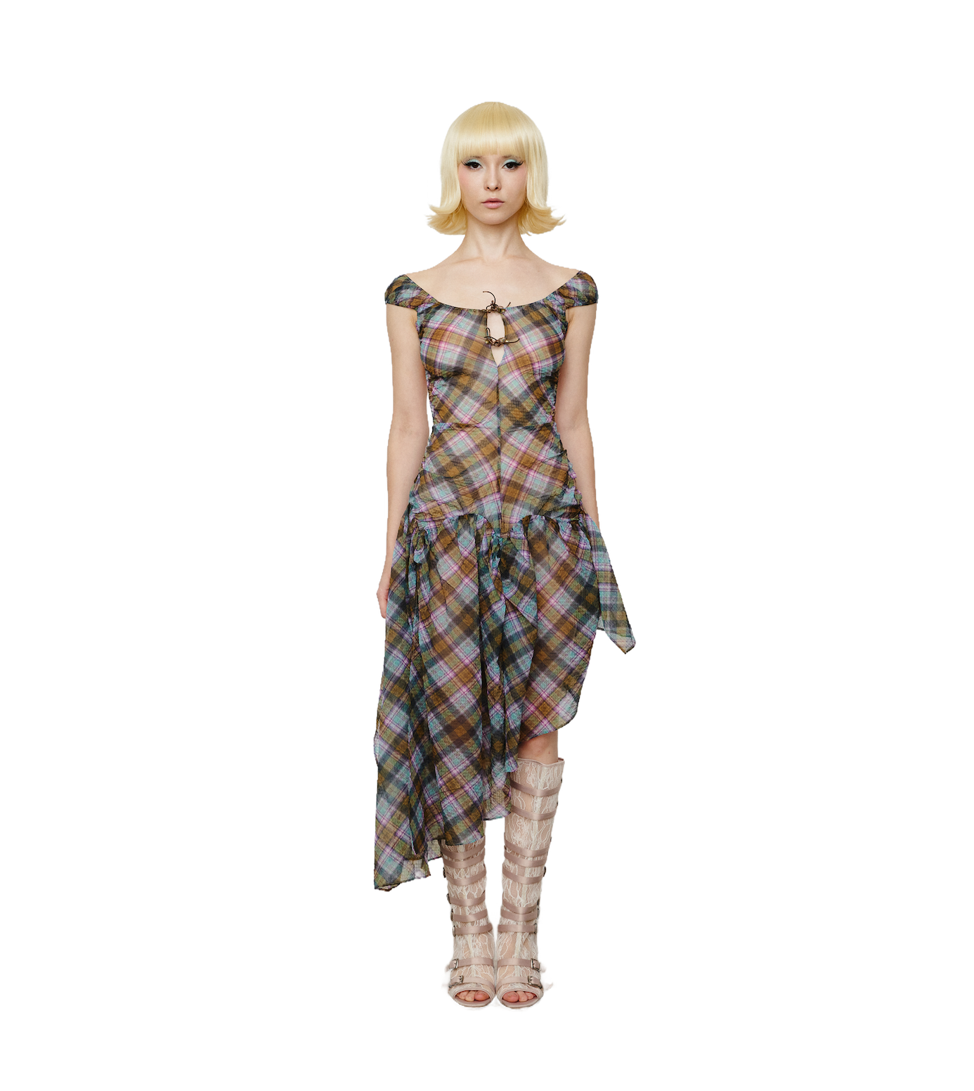 Plaid Puff Chiffon Asymmetrical Dress Kaleido Plaid