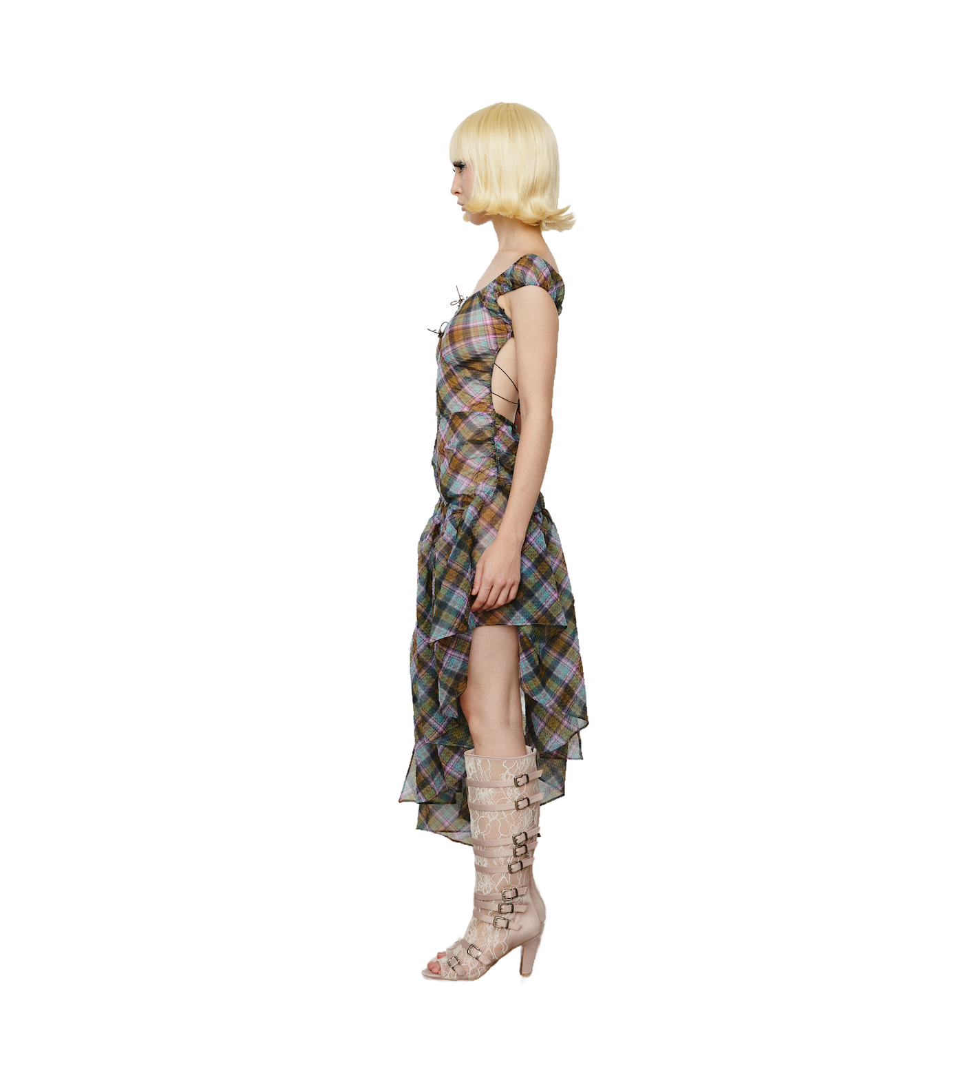 Plaid Puff Chiffon Asymmetrical Dress Kaleido Plaid