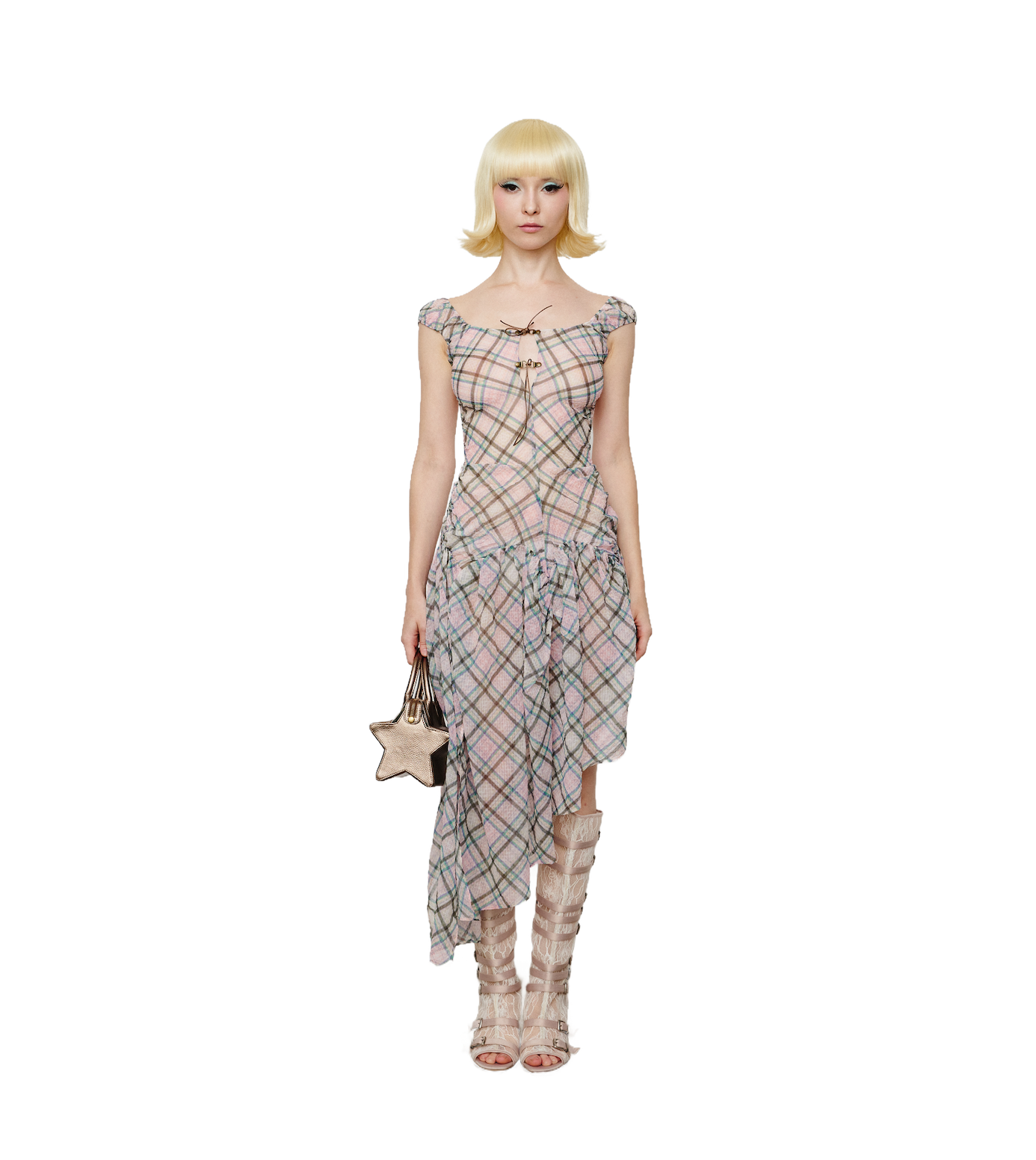 Plaid Puff Chiffon Asymmetrical Dress Dollhouse