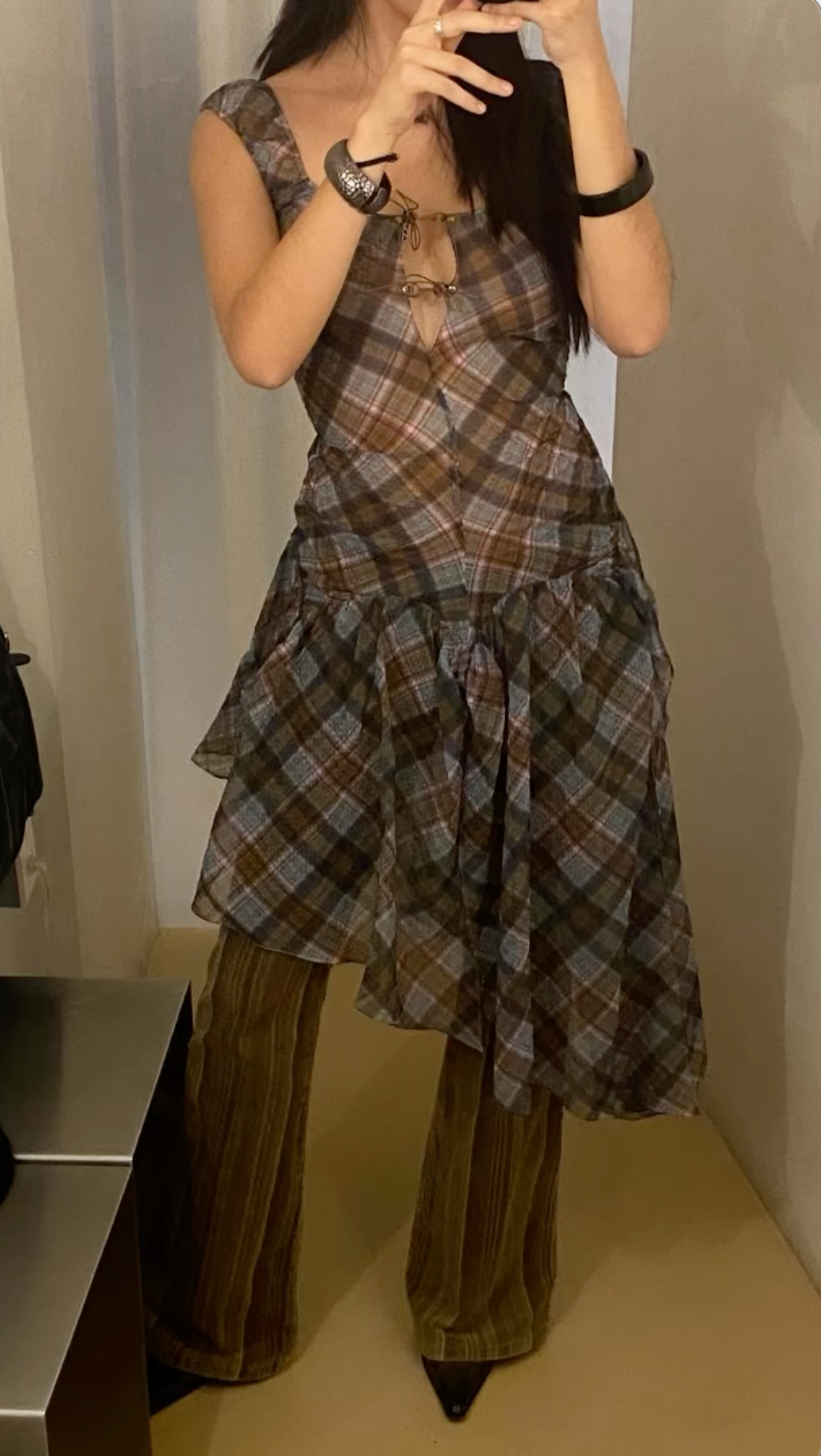 Plaid Puff Chiffon Asymmetrical Dress Kaleido Plaid