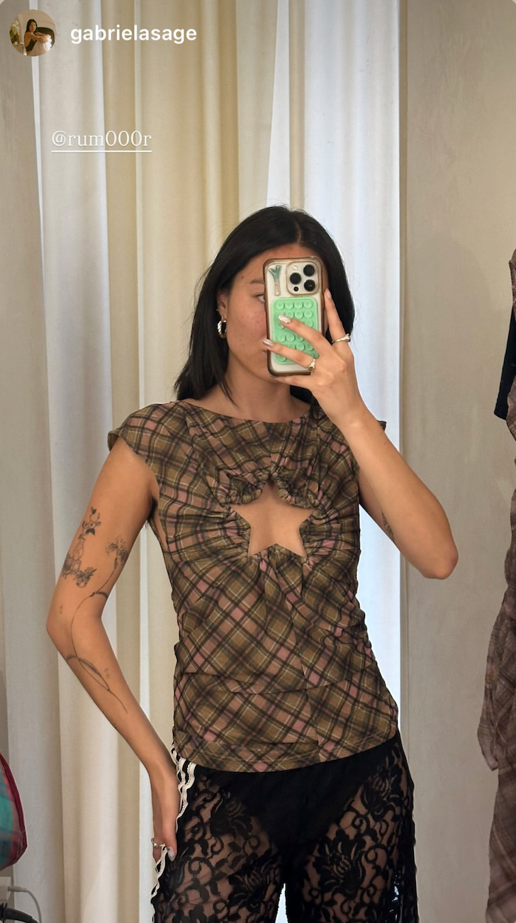 Plaid Mesh Star Cutout Tshirt Smooky