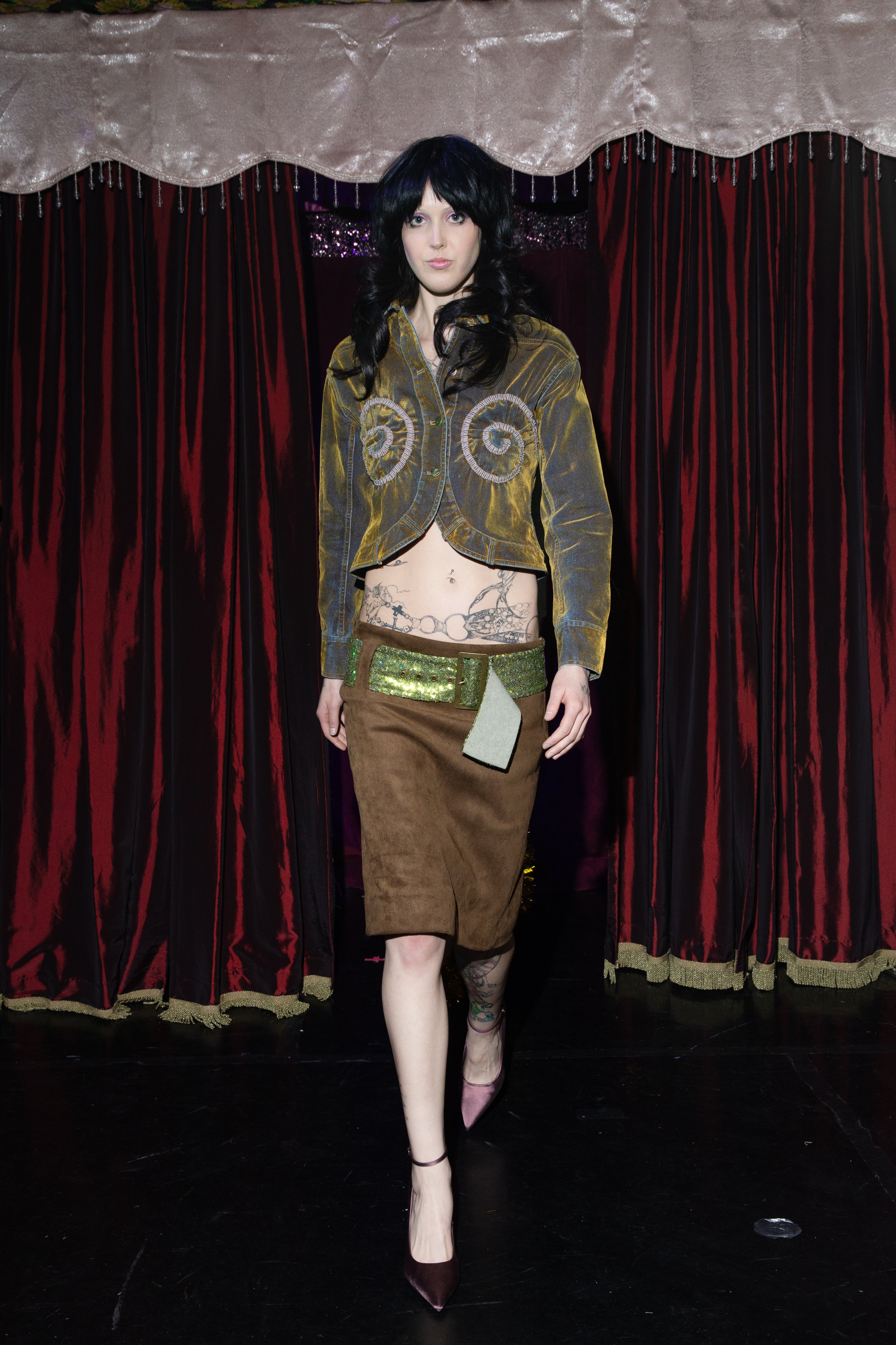 Suede Sequins Belted Wrap Skirt