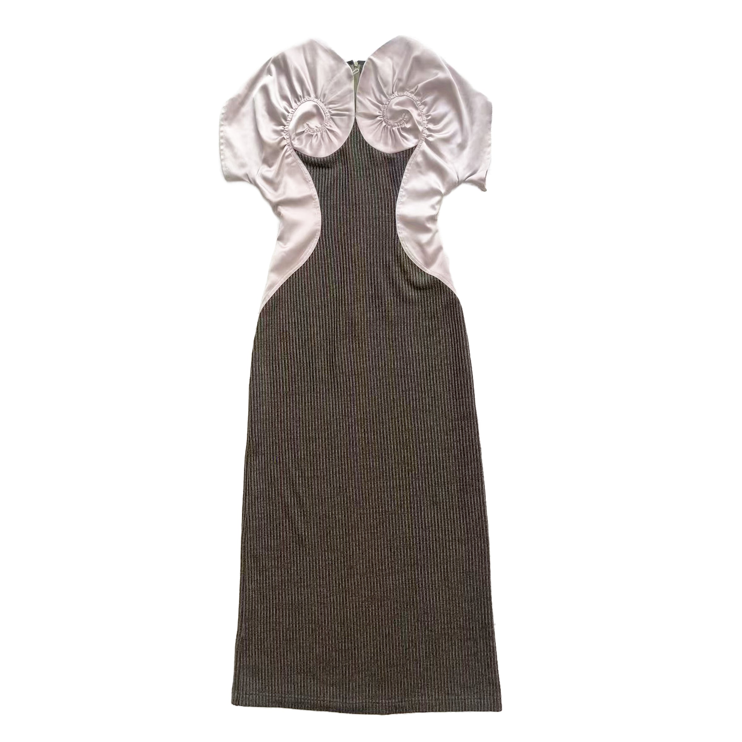 Pastel Pink Satin Swirl Rib-Knit Maxi Dress