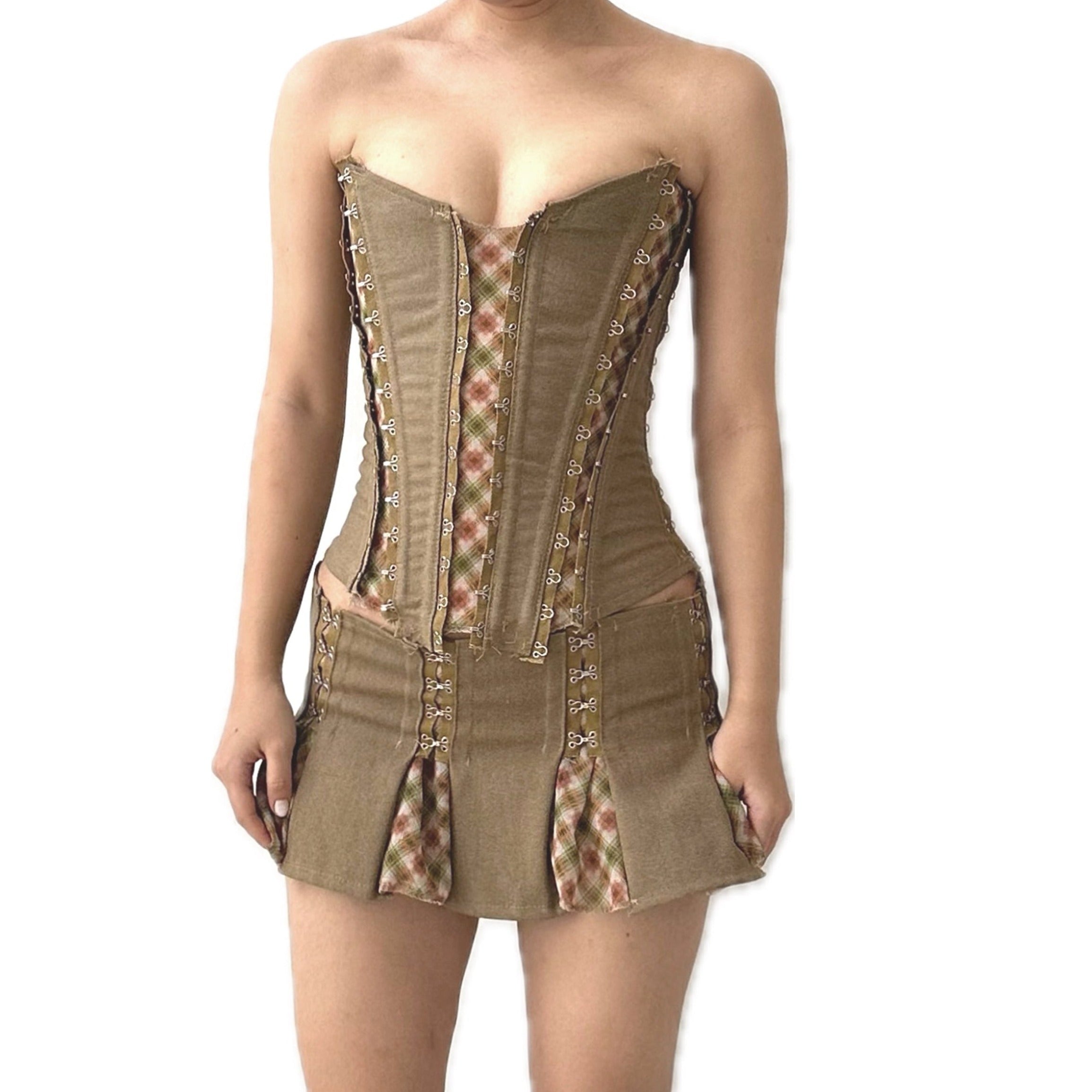 Beige Wild Checker Chiffon Cotton Patched Corset Top