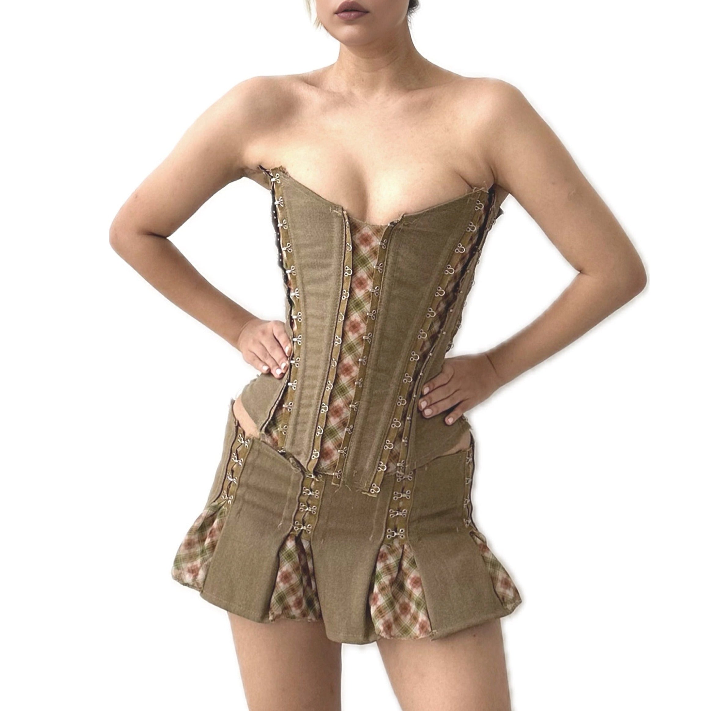 Beige Wild Checker Chiffon Cotton Patched Corset Top