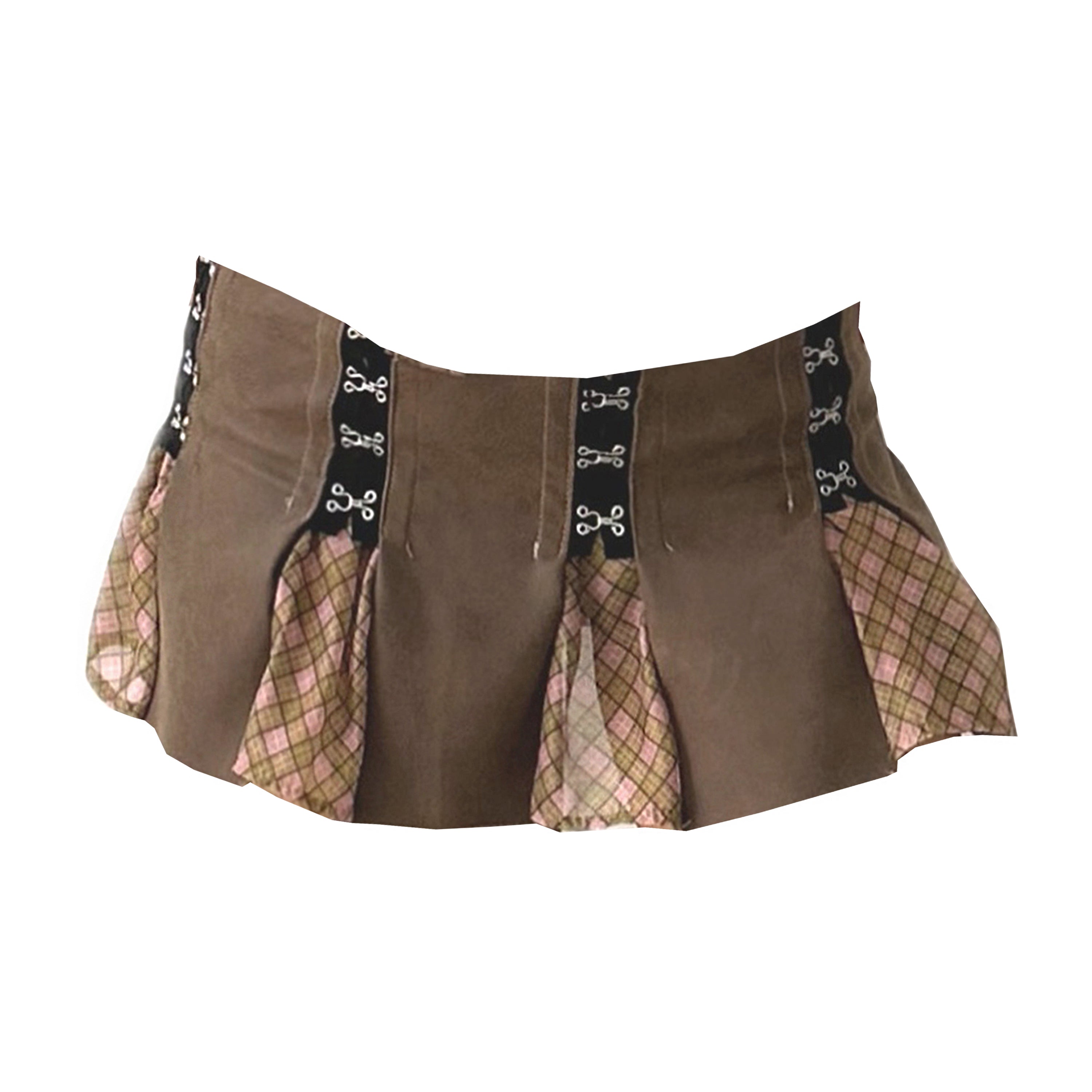 Vegan Leather Plaid Organza Patched Mini Skirt