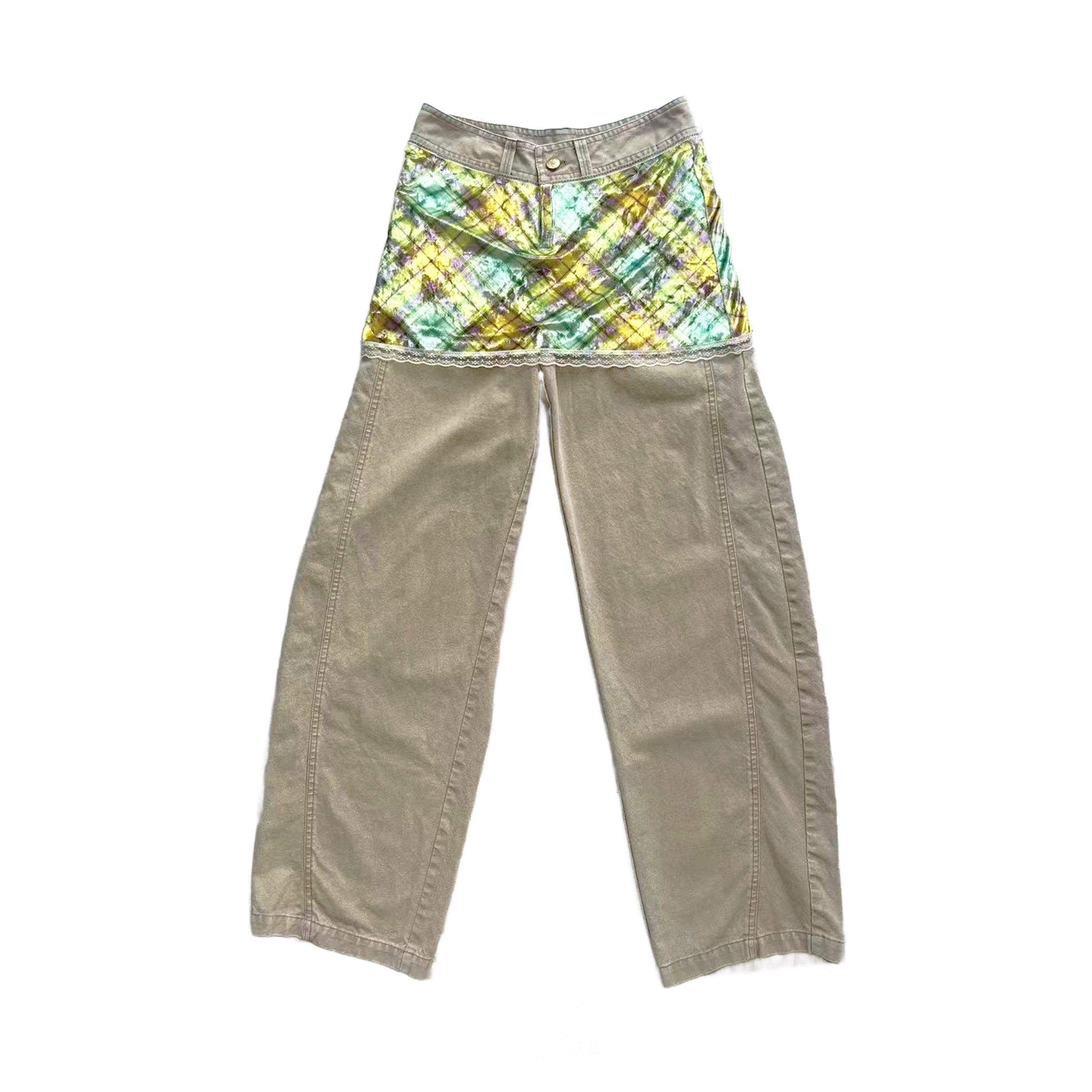 Khaki Lollipop Denim Velvet Patchwork Pants