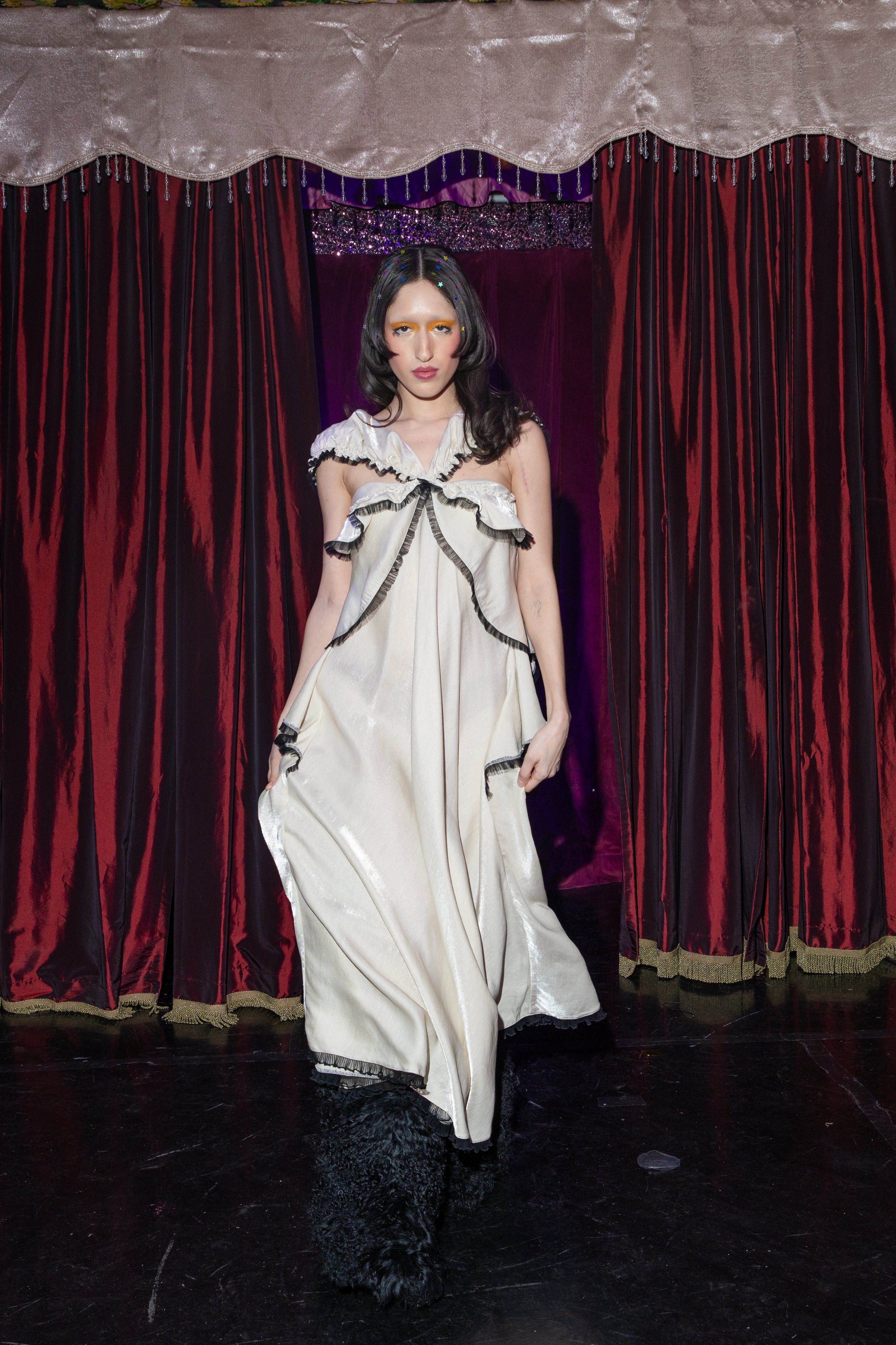 Ivory Satin Taffeta Flared Ruffle Dress