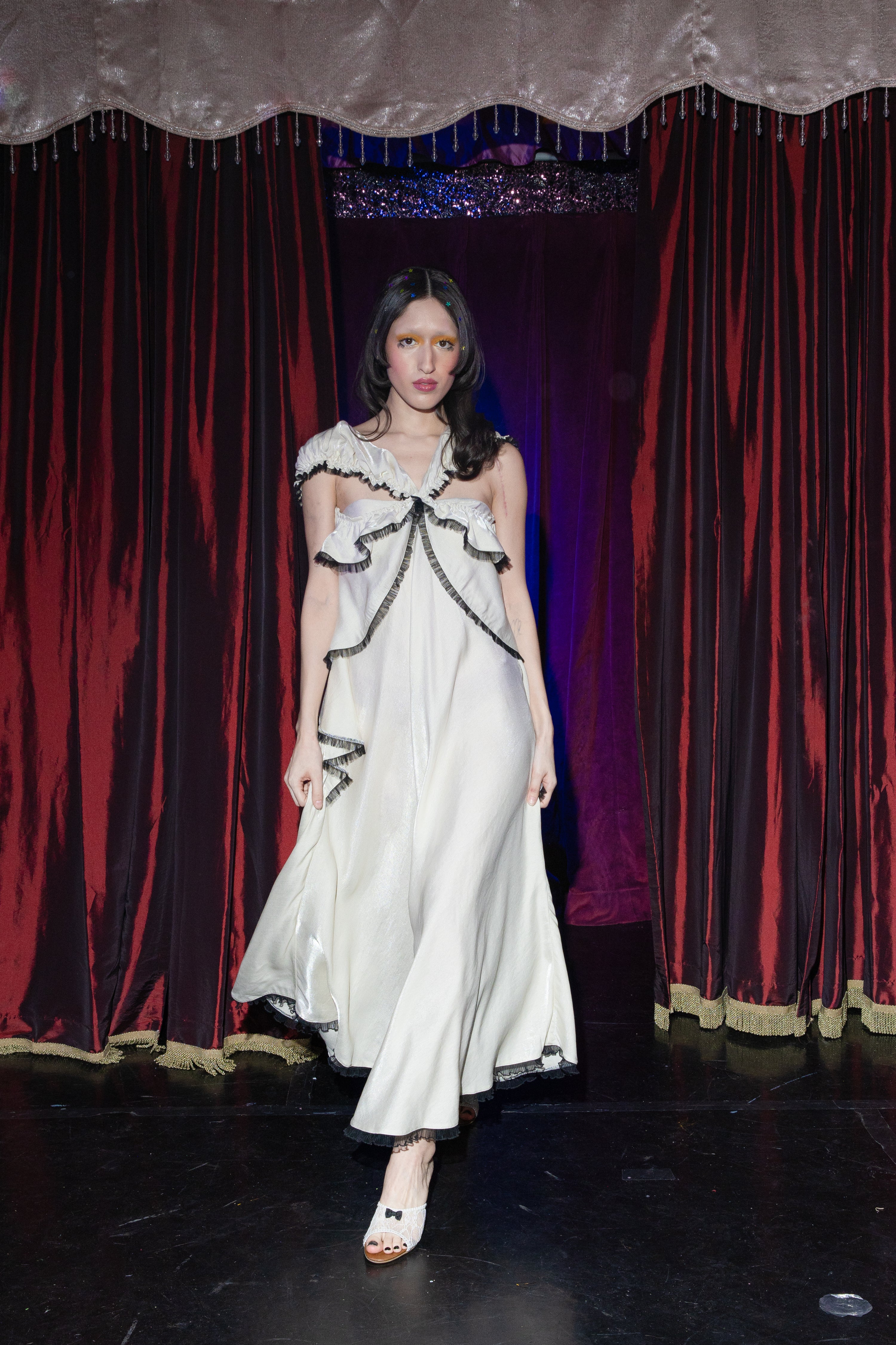 Ivory Satin Taffeta Flared Ruffle Dress
