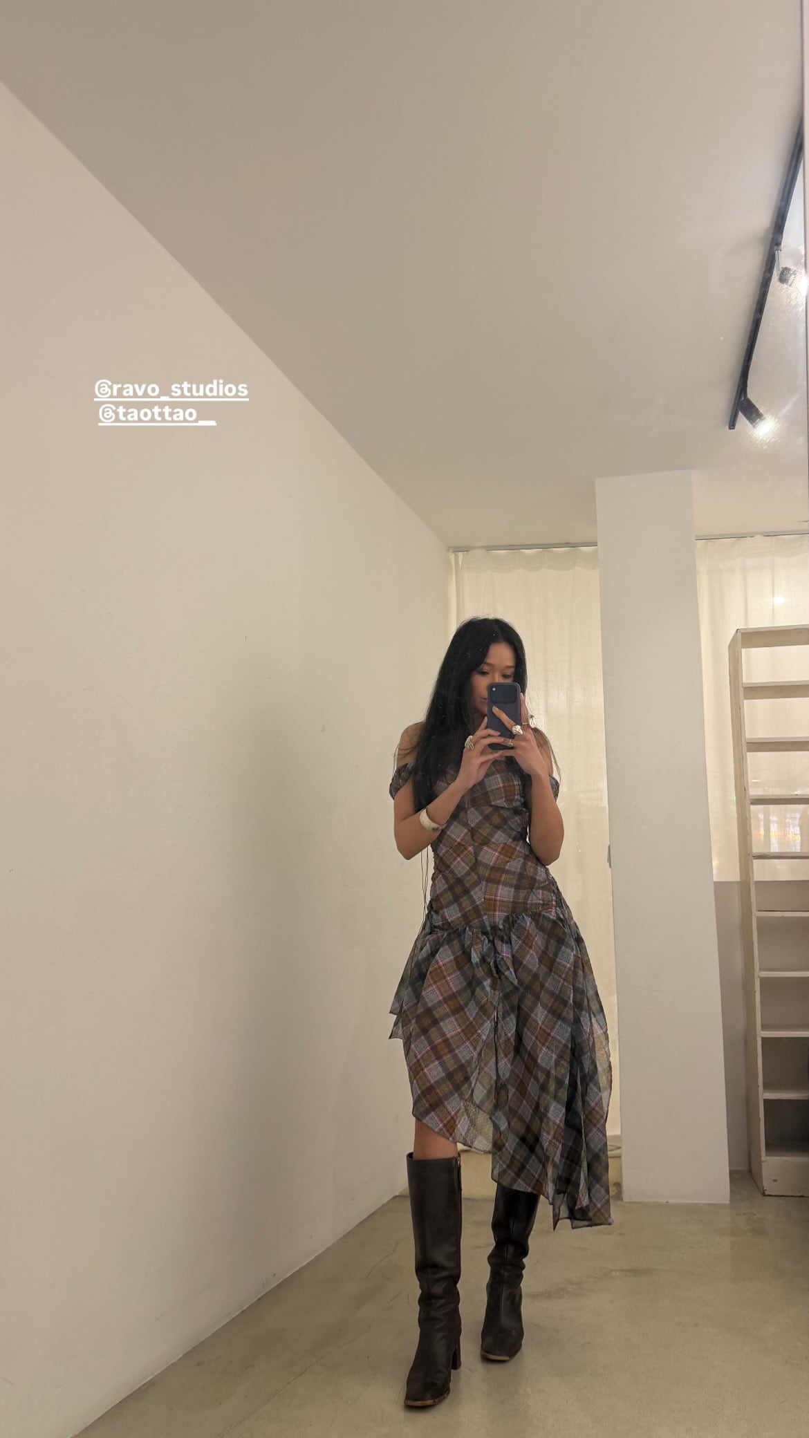 Plaid Puff Chiffon Asymmetrical Dress Kaleido Plaid