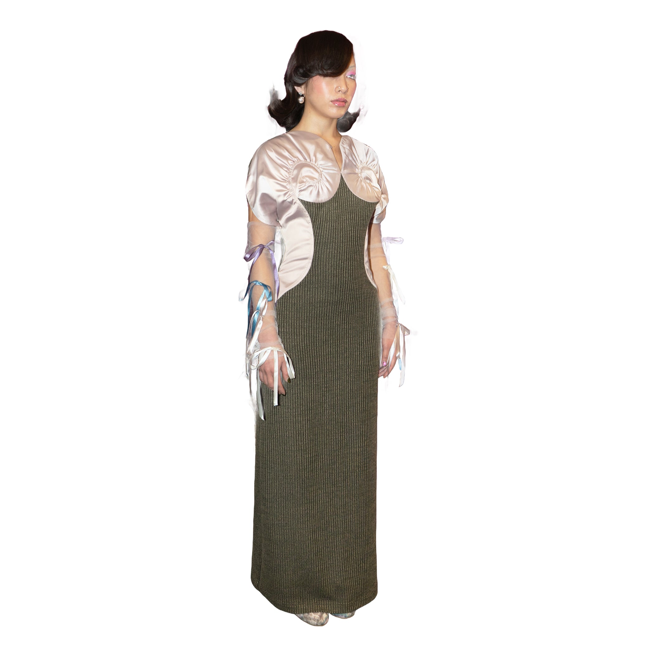 Pastel Pink Satin Swirl Rib-Knit Maxi Dress