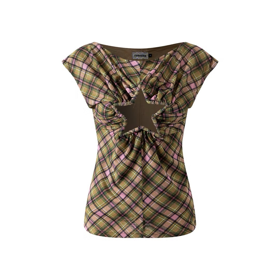 Plaid Mesh Star Cutout Tshirt Smooky