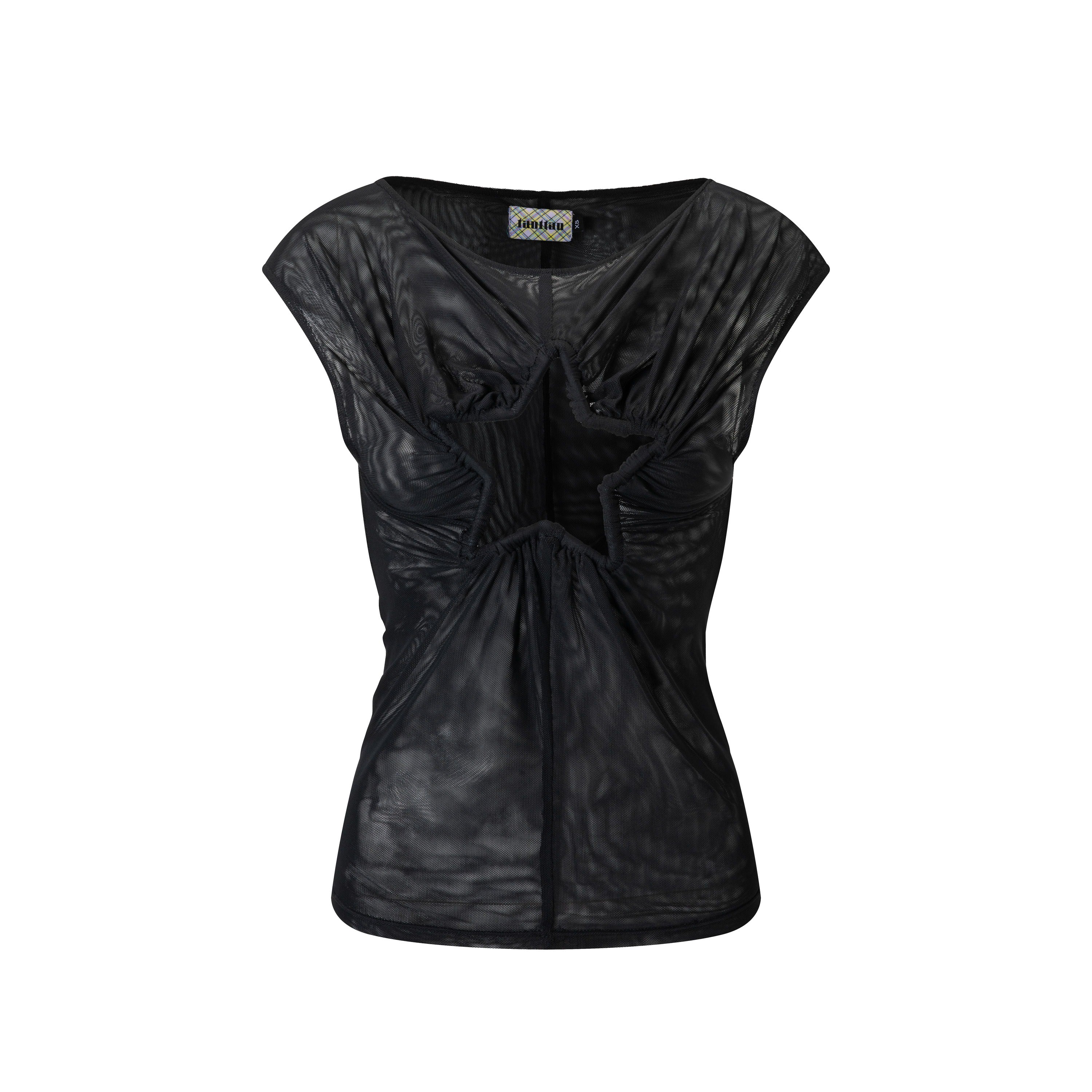 Plaid Mesh Star Cutout Tshirt Black