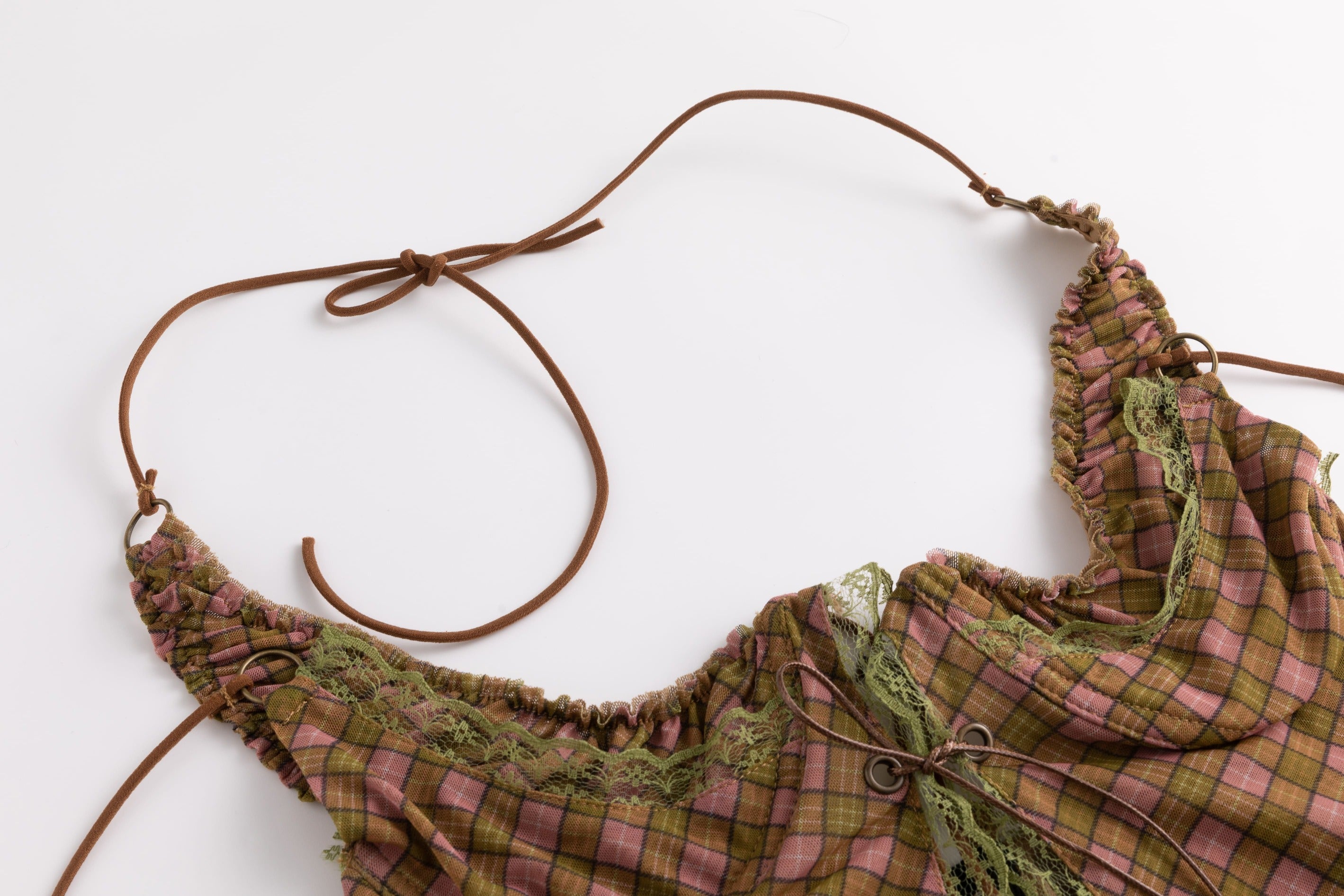 Plaid Mesh Lace Halter Top